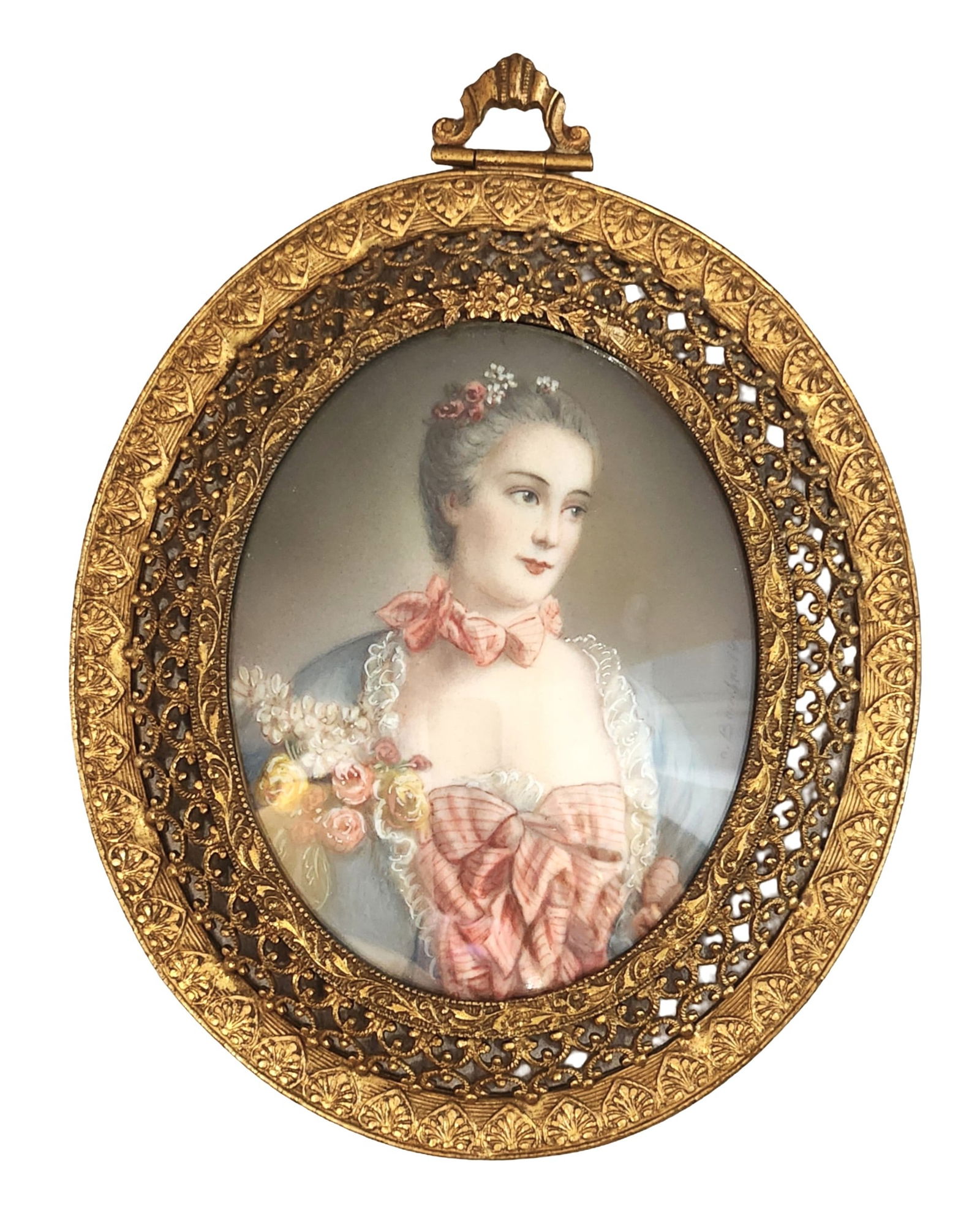 Continental Hand-Painted Portrait Miniature of a Lady in Gilt Bronze Frame (1 of 4)
