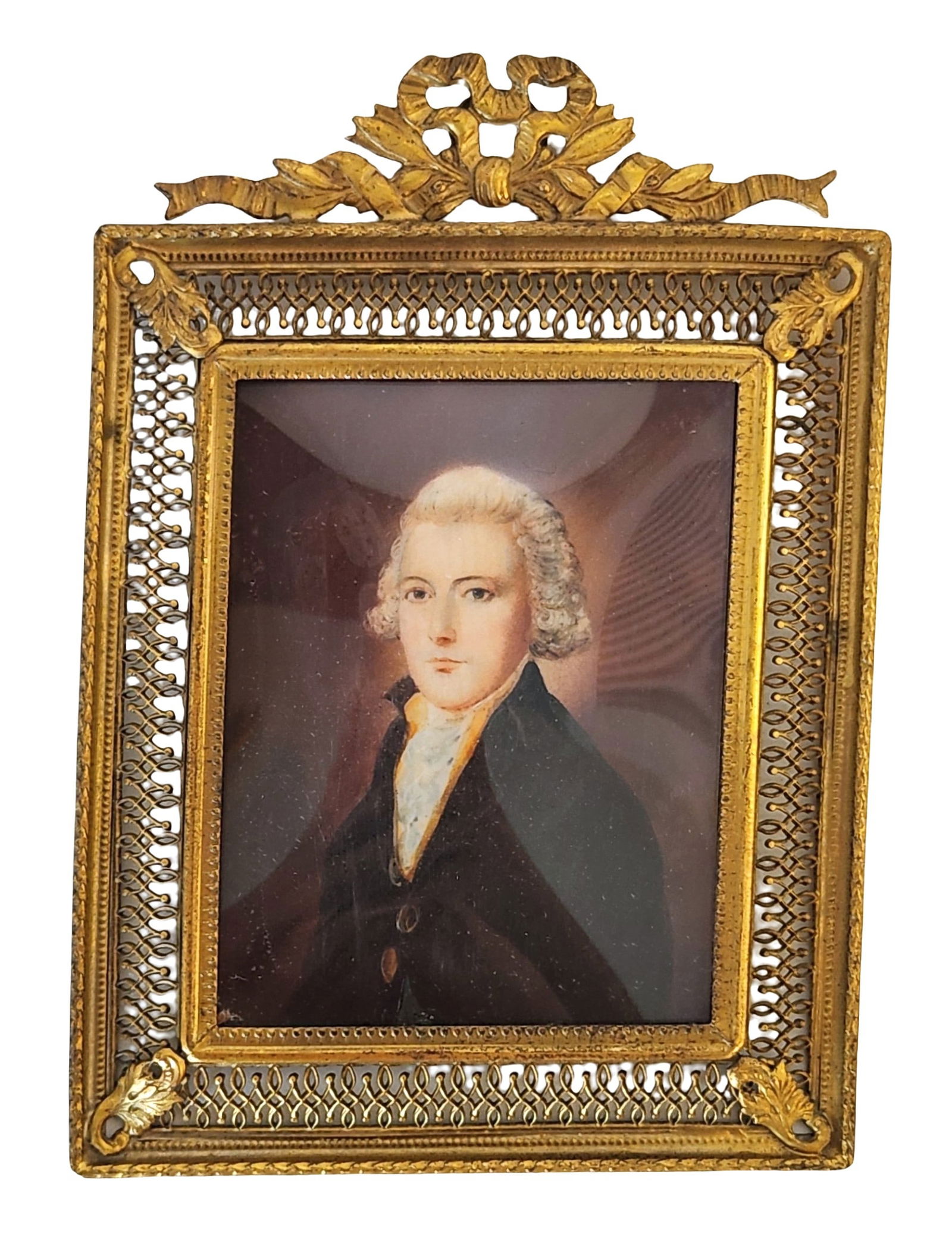 19th-Century Portrait Miniature of William Pitt the Younger, Signed “R. May " in Gilt Frame: A finely executed 19th-century portrait miniature depicting William Pitt the Younger (1759–1806), the eminent British statesman and youngest Prime Minister in British history. The sitter is shown bu