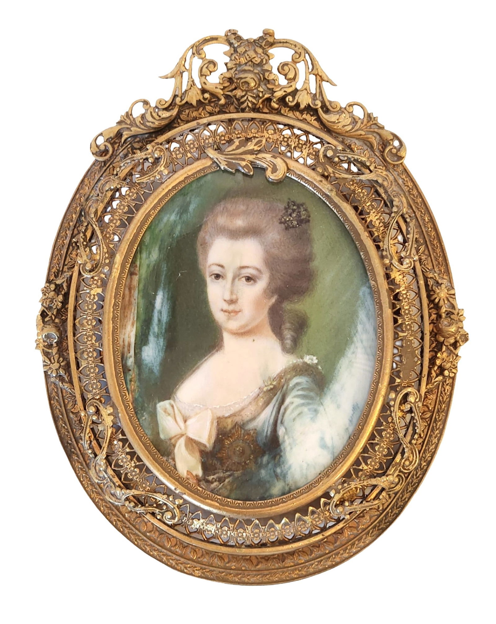 19th Century French Hand-Painted Miniature Plaque Portrait of a Lady, Gilt Bronze Frame (1 of 3)
