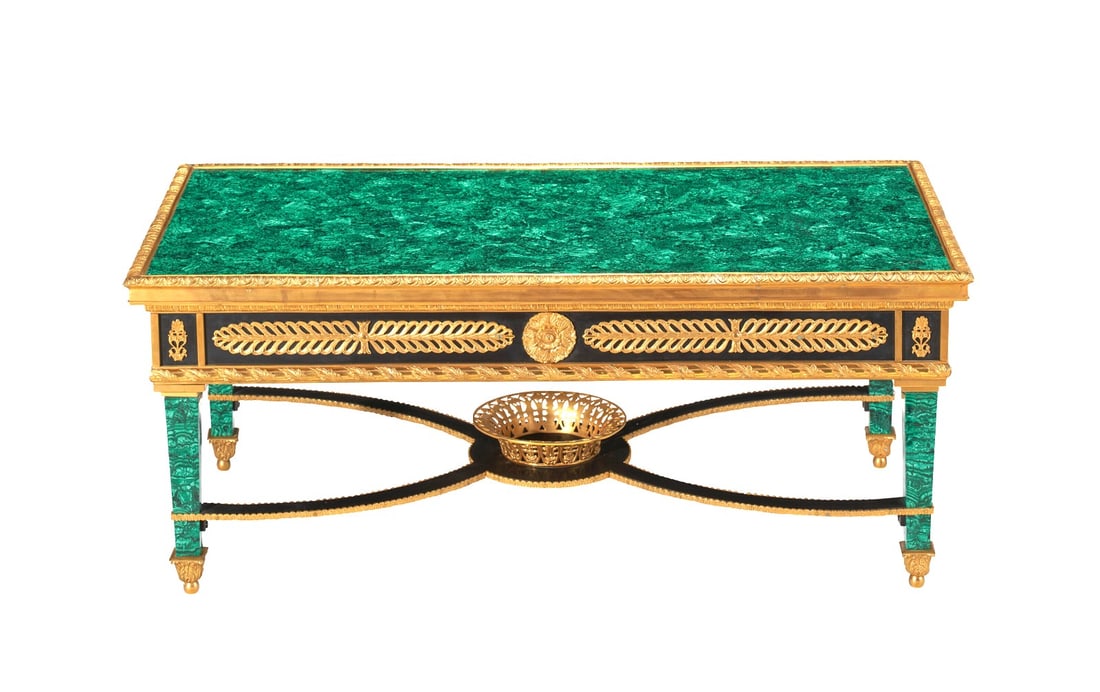 Italian Neoclassical Table with Malachite Top, Malachite-Clad Legs, and Gilt Bronze Ornamentation (1 of 11)