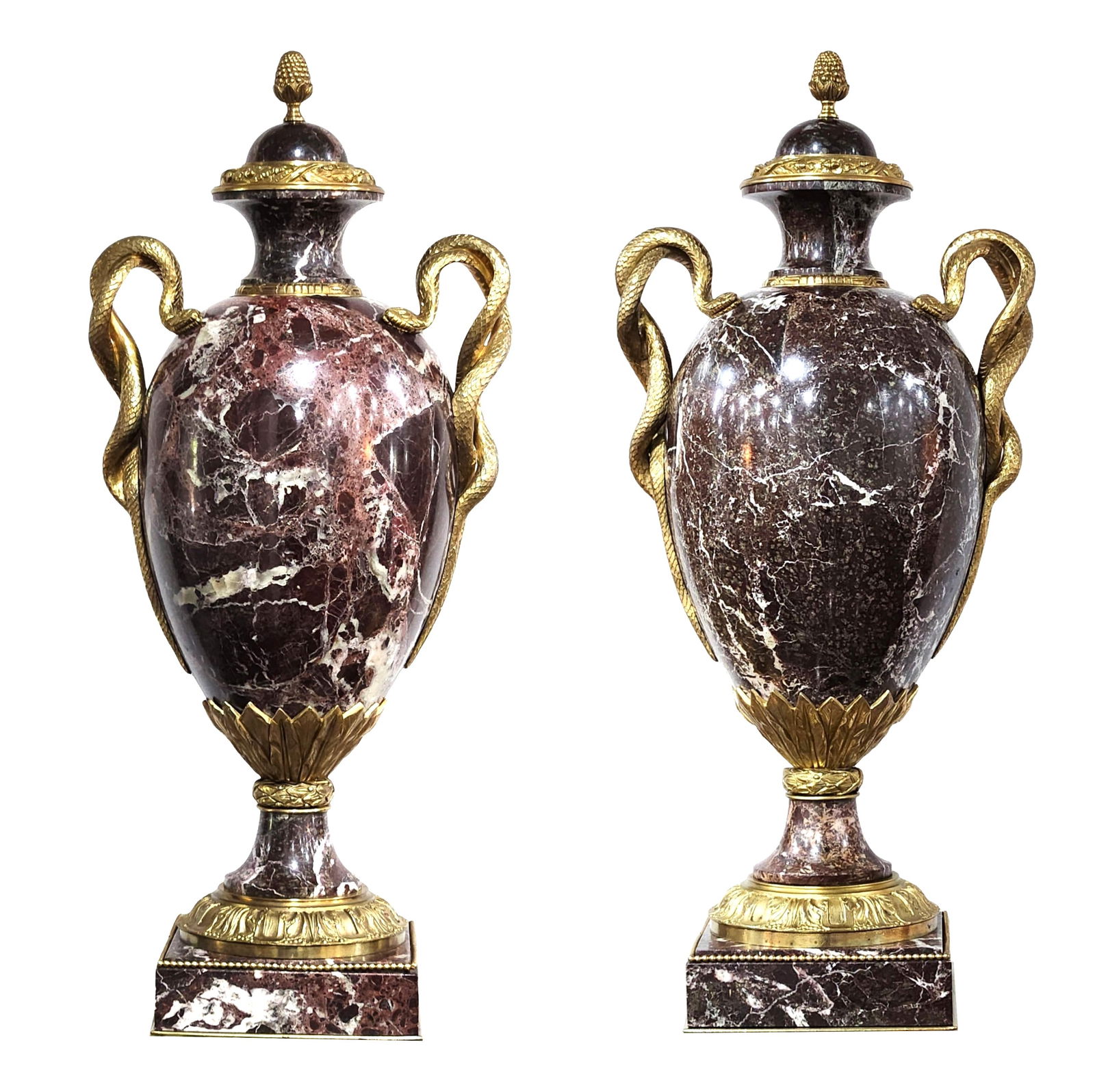 Pair of Neoclassical Rouge Marble & Gilt Bronze Covered Urns with Serpent Handles (1 of 8)