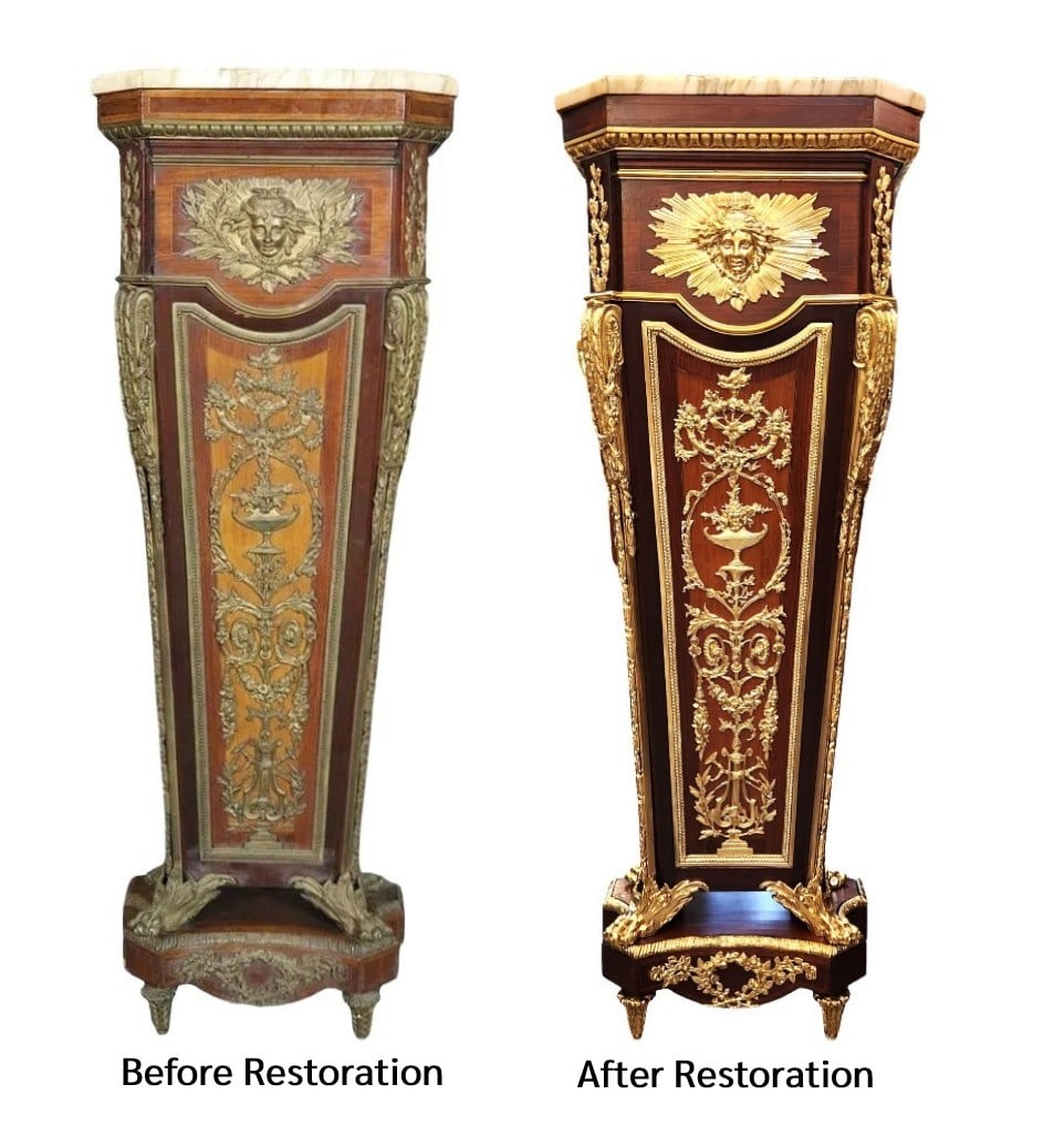 French Louis XVI Style Marble and Ormolu Mounted Pedestal with Marquetry After Jean-Henri Riesener: French Louis XVI Style Marble and Ormolu Mounted Pedestal with Marquetry After Jean-Henri Riesener Finely crafted French Louis XVI pedestal featuring intricate marquetry panels, gilt bronze (ormolu) a