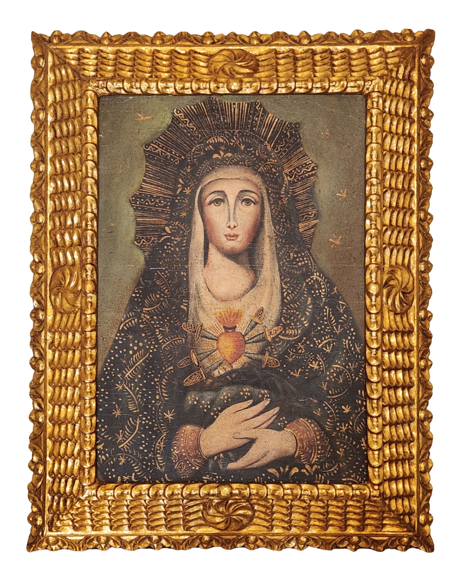 Antique Gilt-Framed Sacred Heart of Mary Devotional Painting on Canvas (1 of 5)