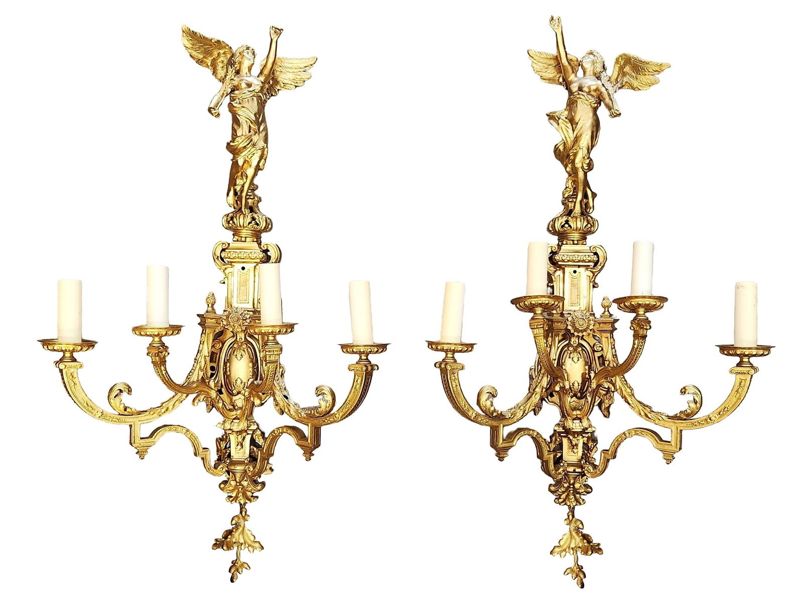 Pair of Gilt Bronze Figural Wall Sconces, 4 Lights Each, Late 19th–Early 20th Century (1 of 6)