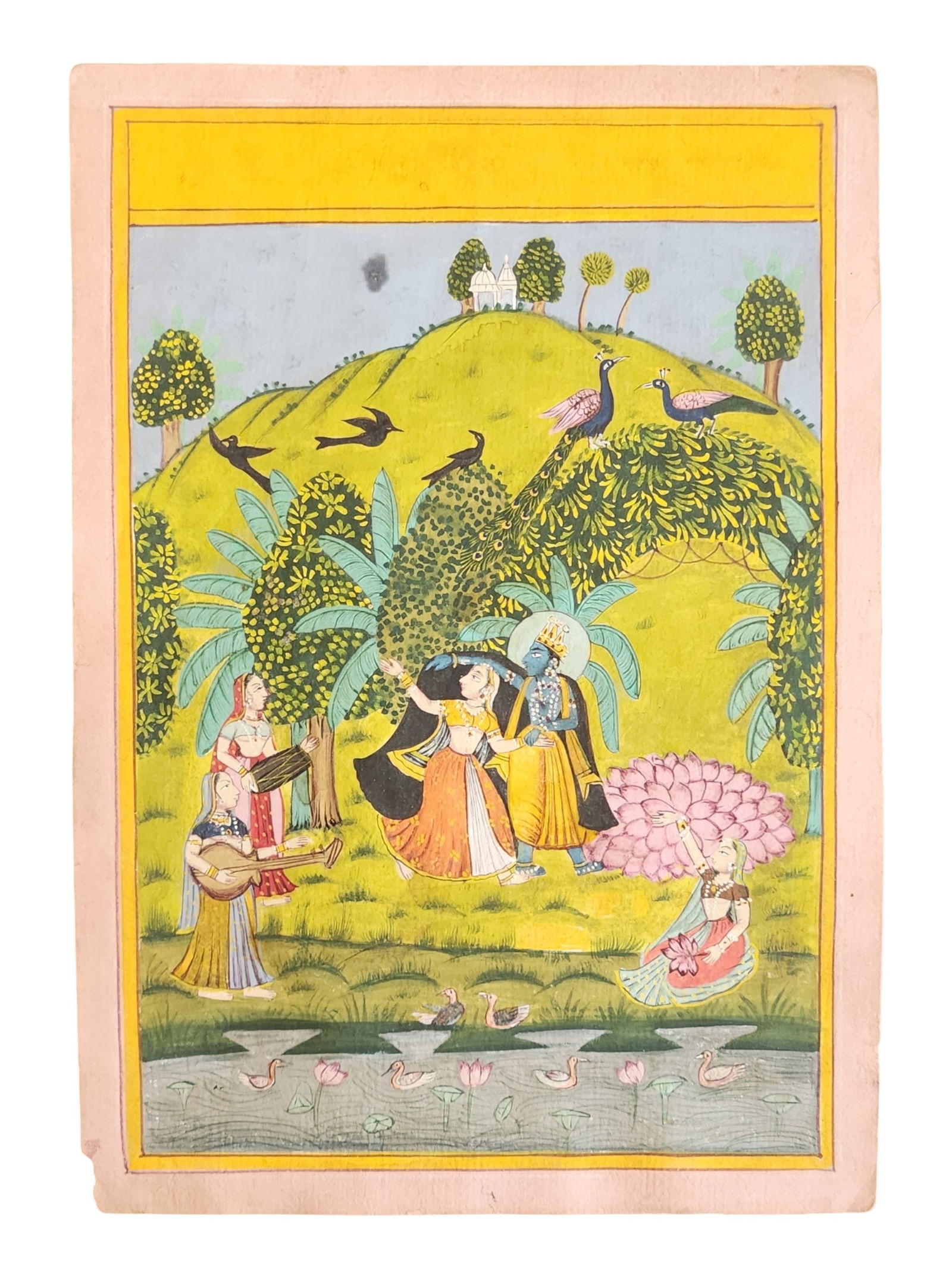 Indian Miniature Painting – Krishna and Radha with Gopis in Garden Scene: A charming Indian miniature painting depicting Lord Krishna and Radha in a lush garden setting, accompanied by female attendants or gopis. The divine couple is shown standing together in loving embrac