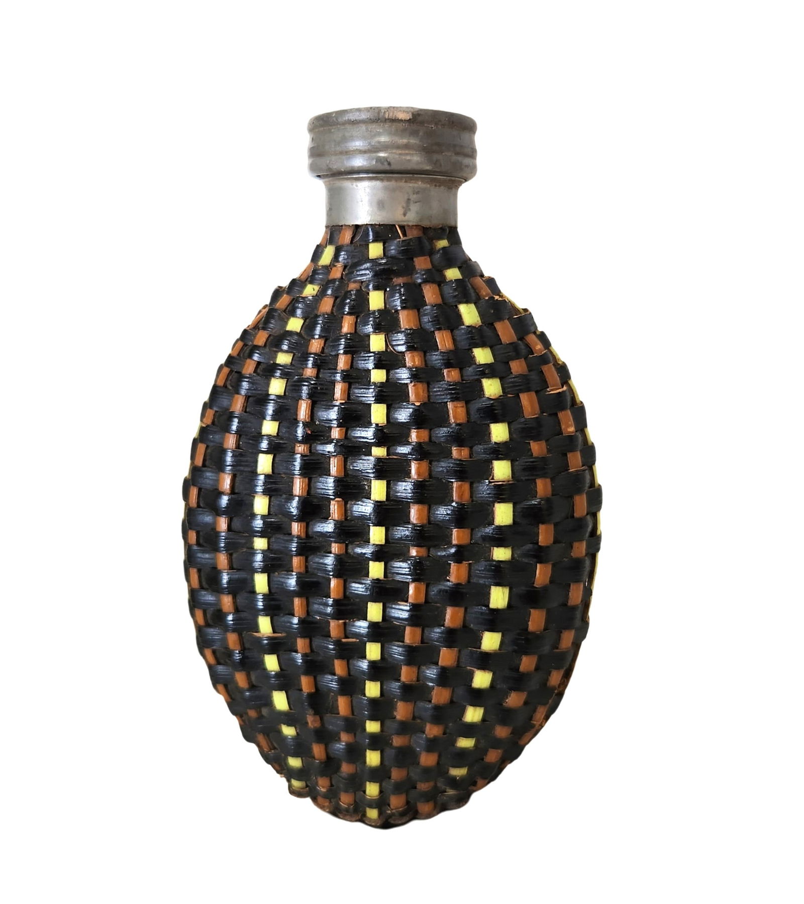 Antique 19th Century Handmade Wicker Wrapped Glass Pewter Liquor Flask Bottle (1 of 3)