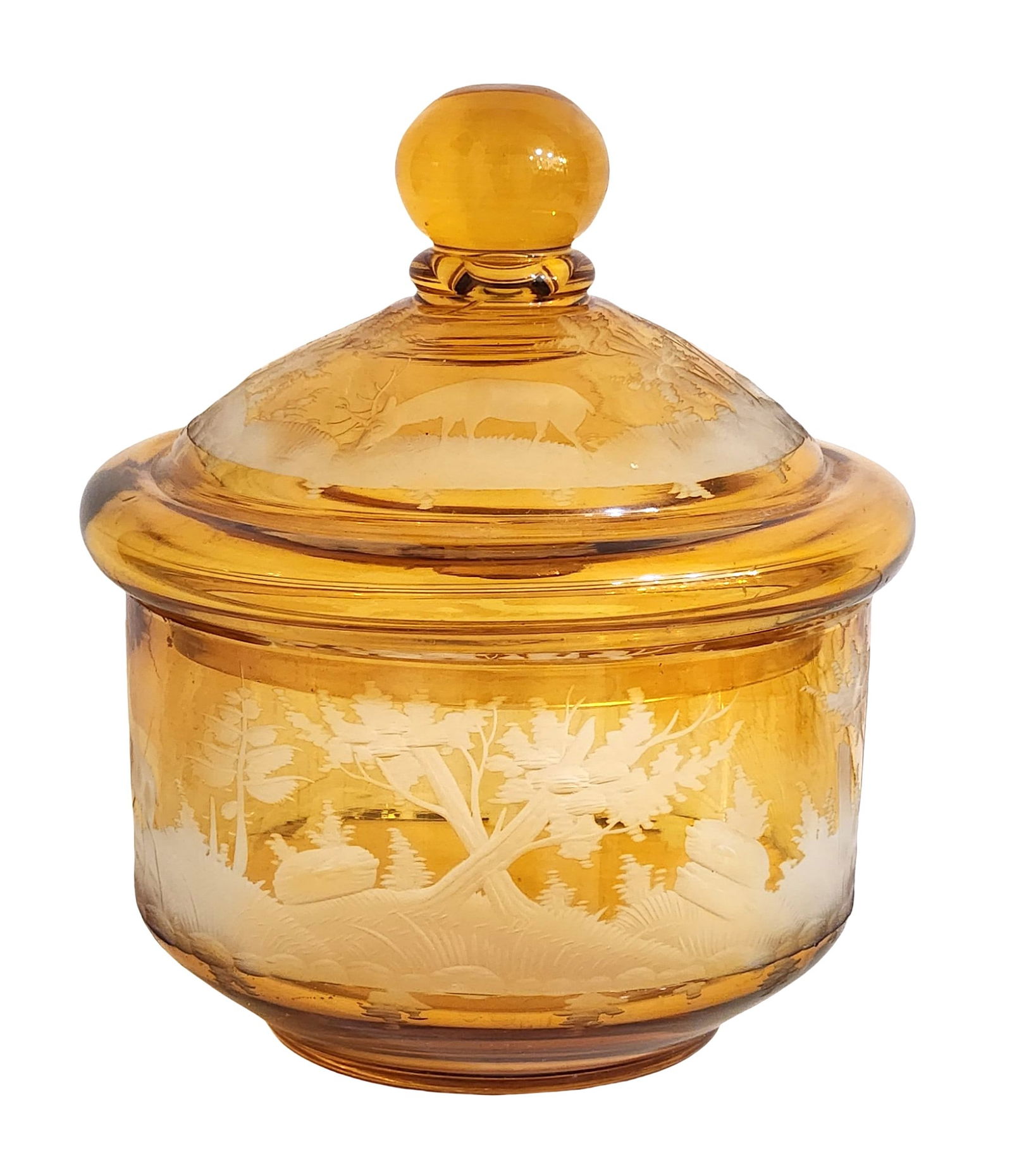 Bohemian Amber Cut-to-Clear Glass Jar with Stag & Forest Scene – Lidded Candy Dish (1 of 3)