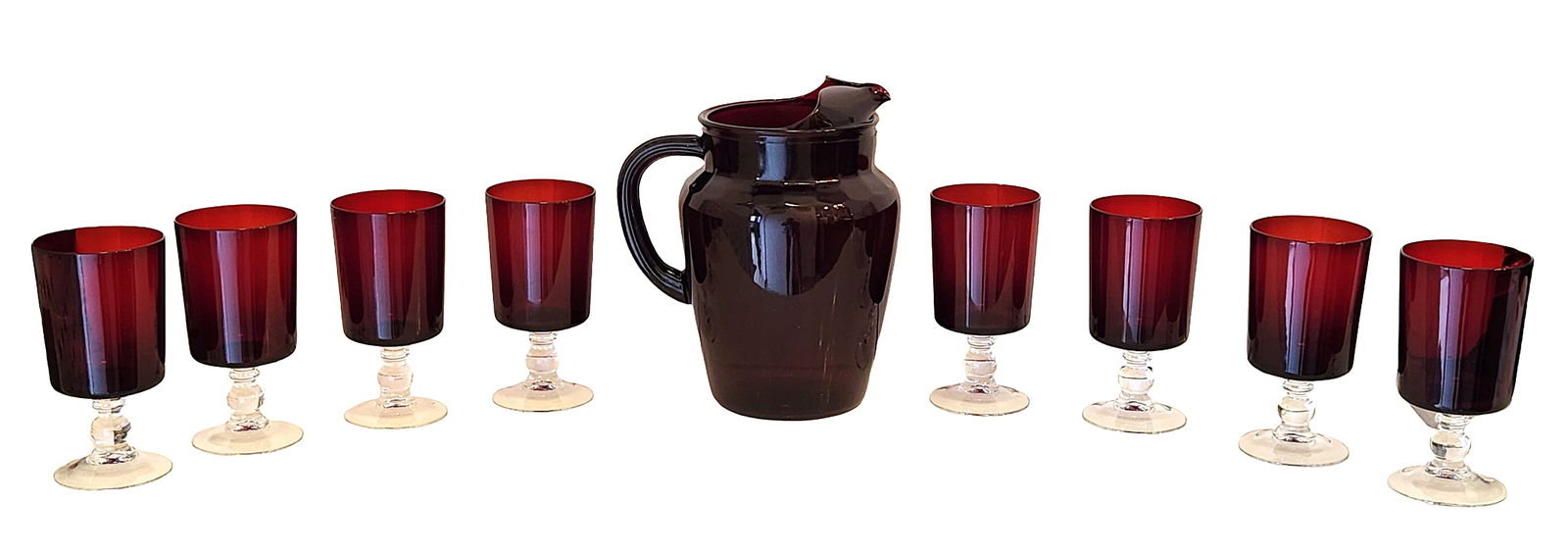 Ruby Red Glass Pitcher with Eight Matching Goblets (1 of 4)