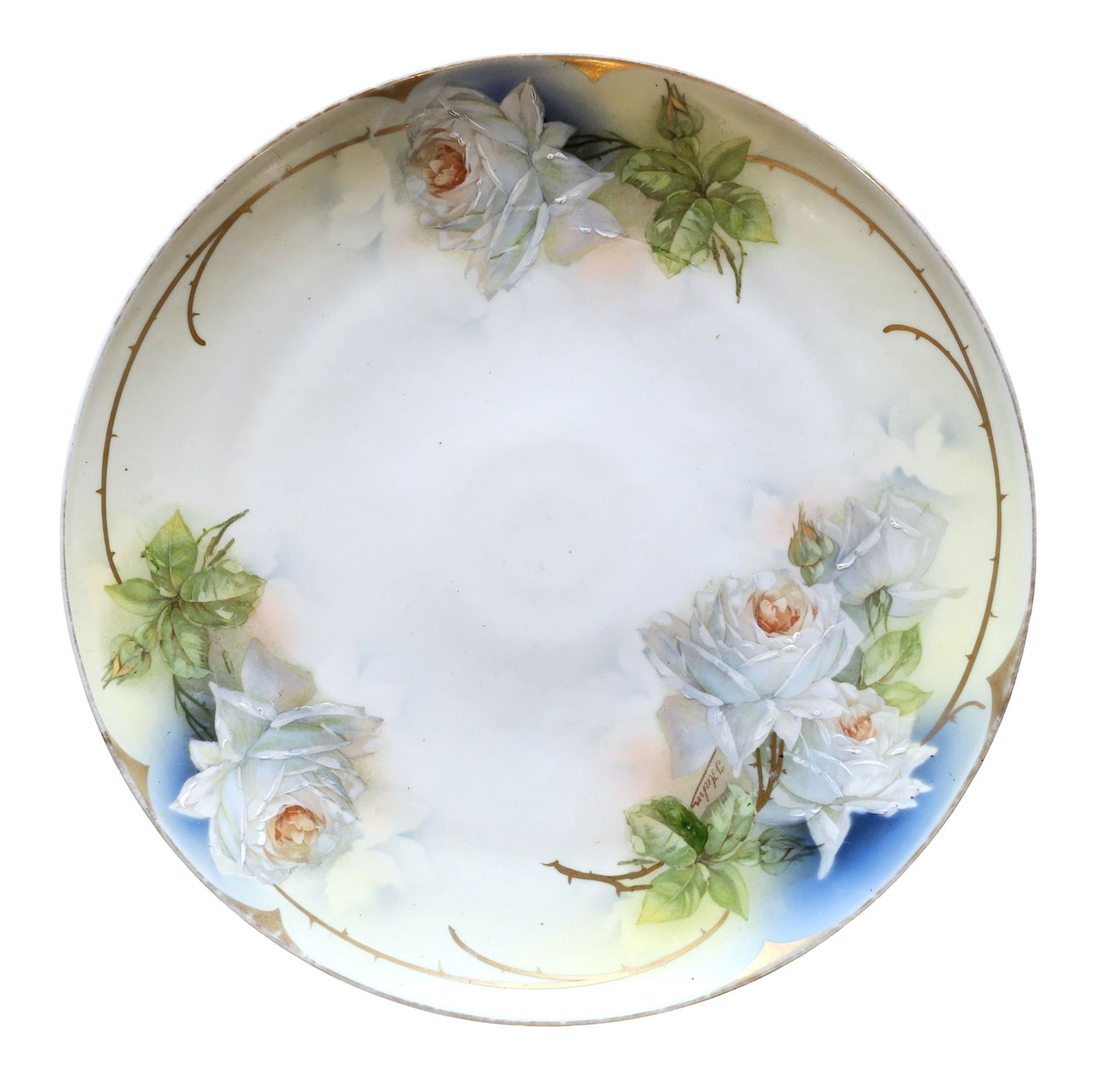 Hand-Painted Royal Rudolstadt Prussia Porcelain Plate with White Roses (1 of 3)
