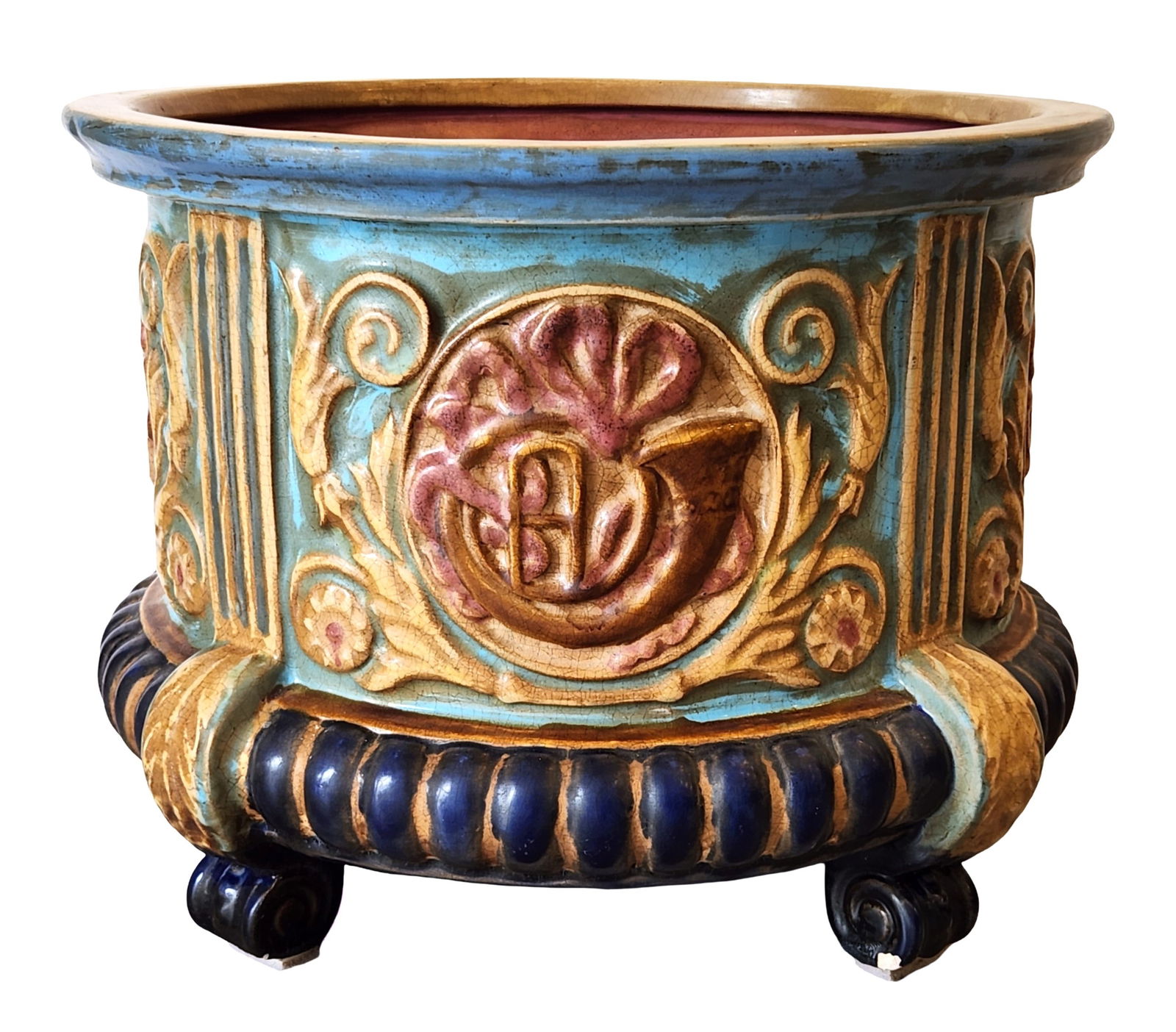 Decorative Glazed Ceramic Jardiniere with Classical Motifs (1 of 3)