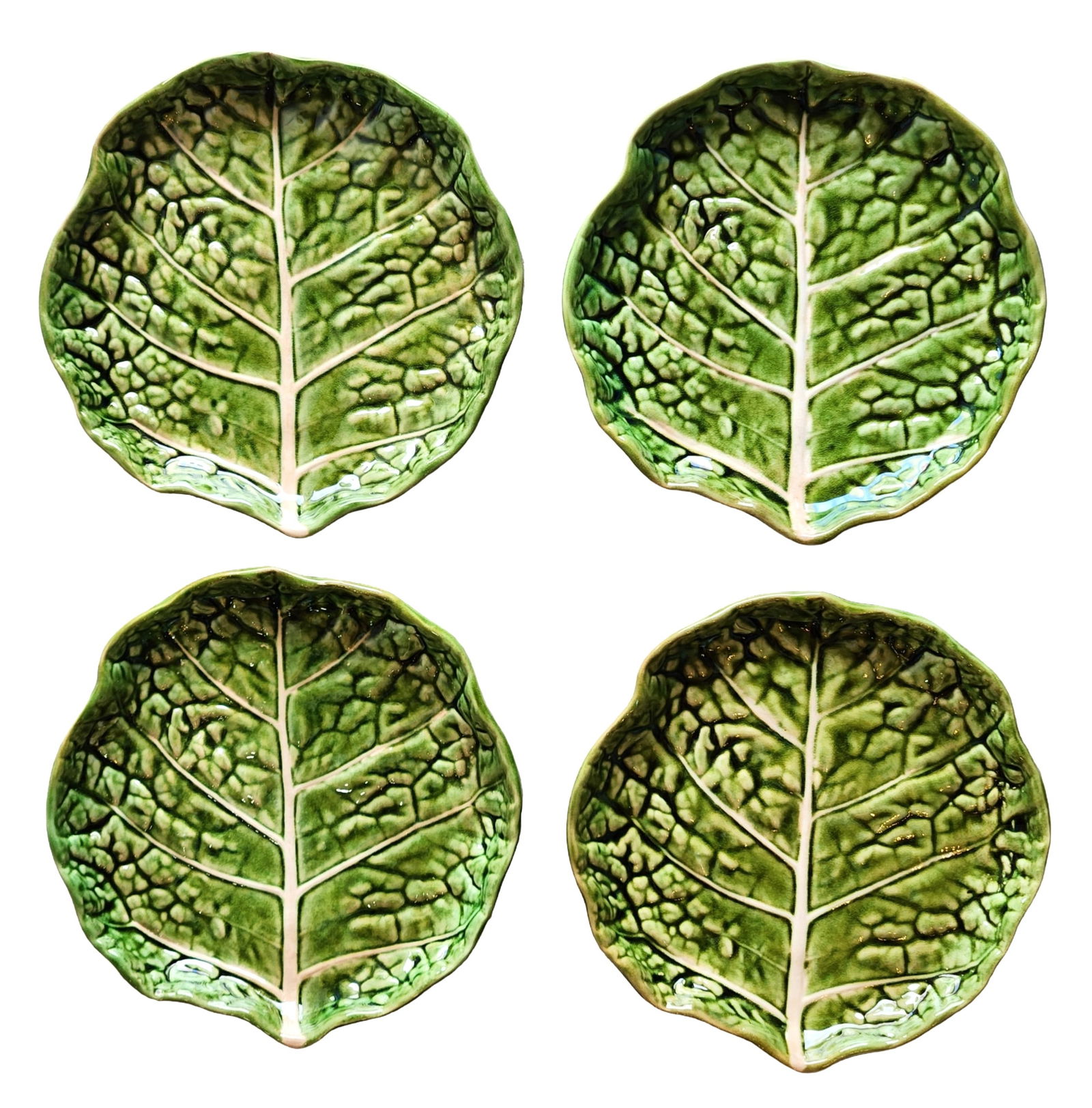 Set of Four Portuguese Green Glazed Leaf-Form Plates (1 of 2)