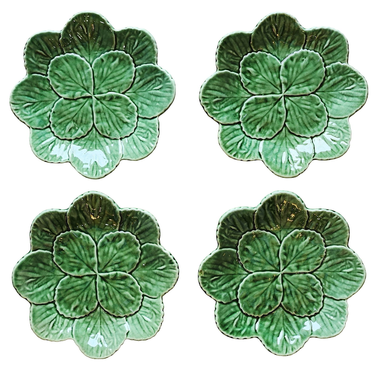 Set of Four Portuguese Green Glazed Leaf-Form Plates by Bordallo Pinheiro (1 of 3)