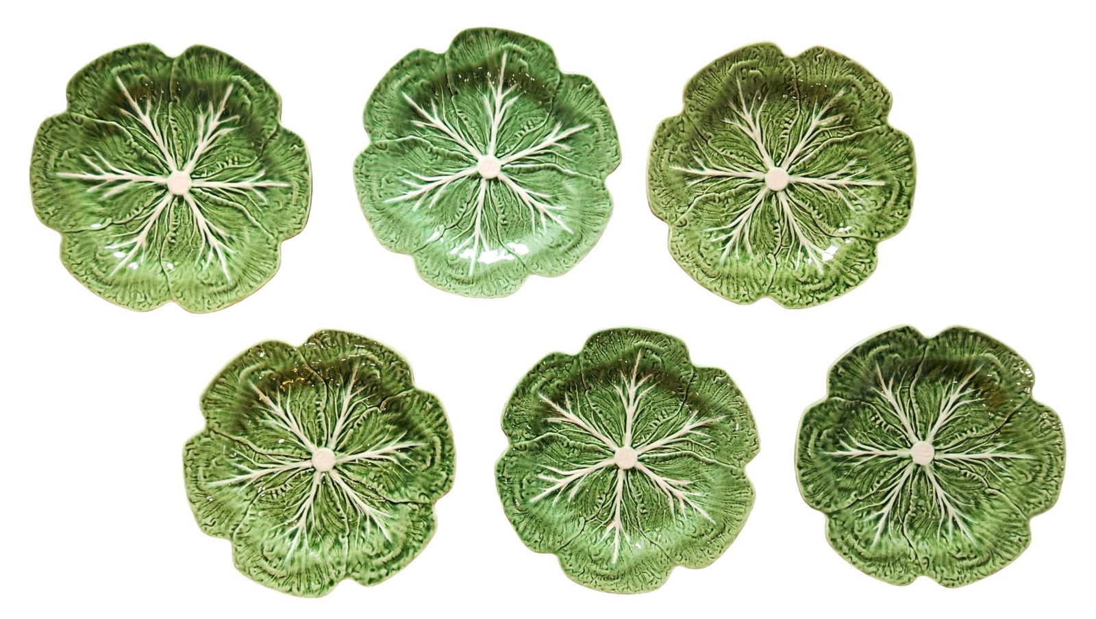 Set of Six Portuguese Green Glazed Leaf-Form Plates by Bordallo Pinheiro (1 of 2)