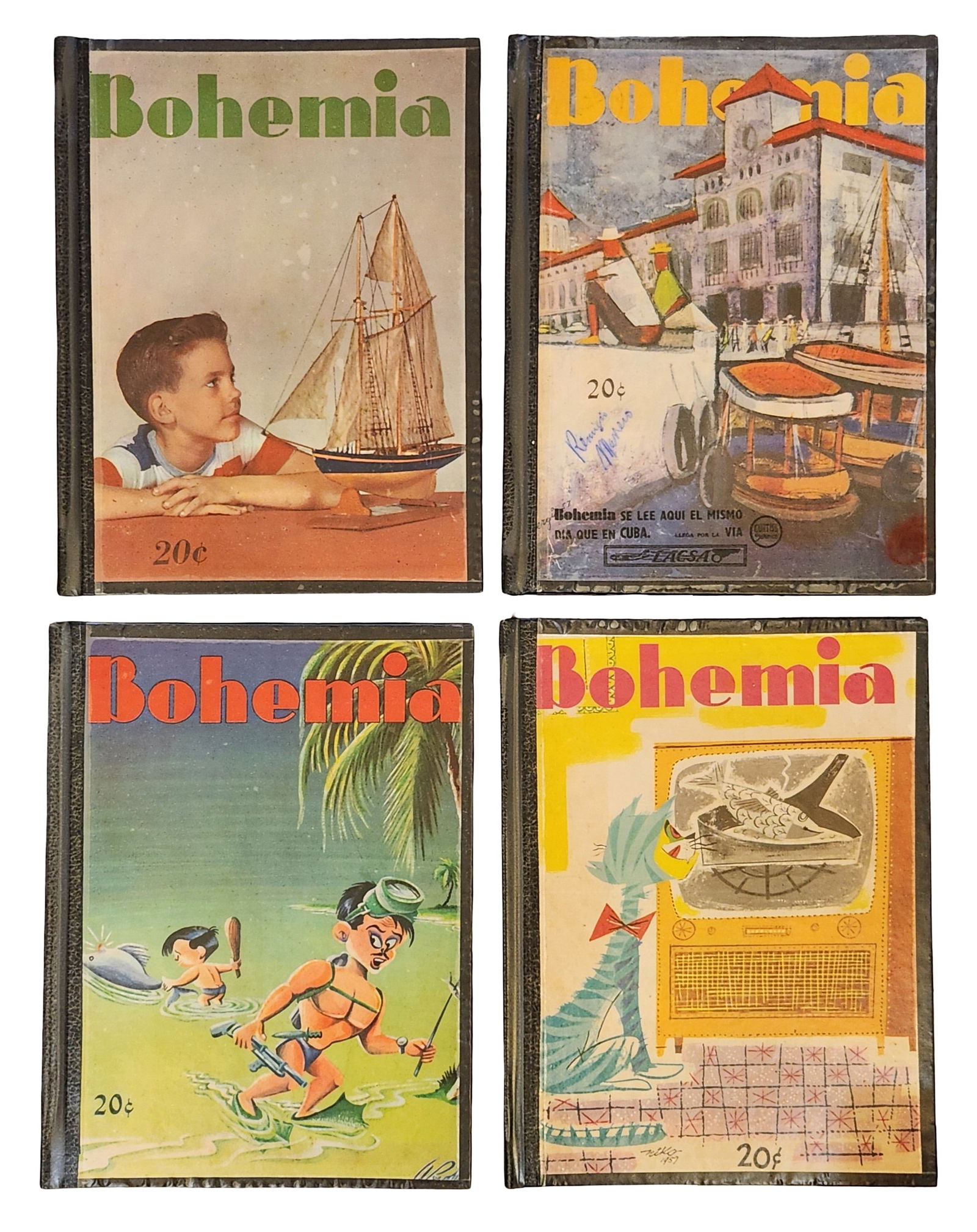 Group of 4 Bound Bohemia Magazines, Cuba, 1957 – Pre-Revolution Issues with Period Advertising: Group of four original bound issues of Bohemia, the renowned Cuban illustrated magazine, dated 1957, from the final years before the Cuban Revolution These volumes include issues dated June 30, July 1