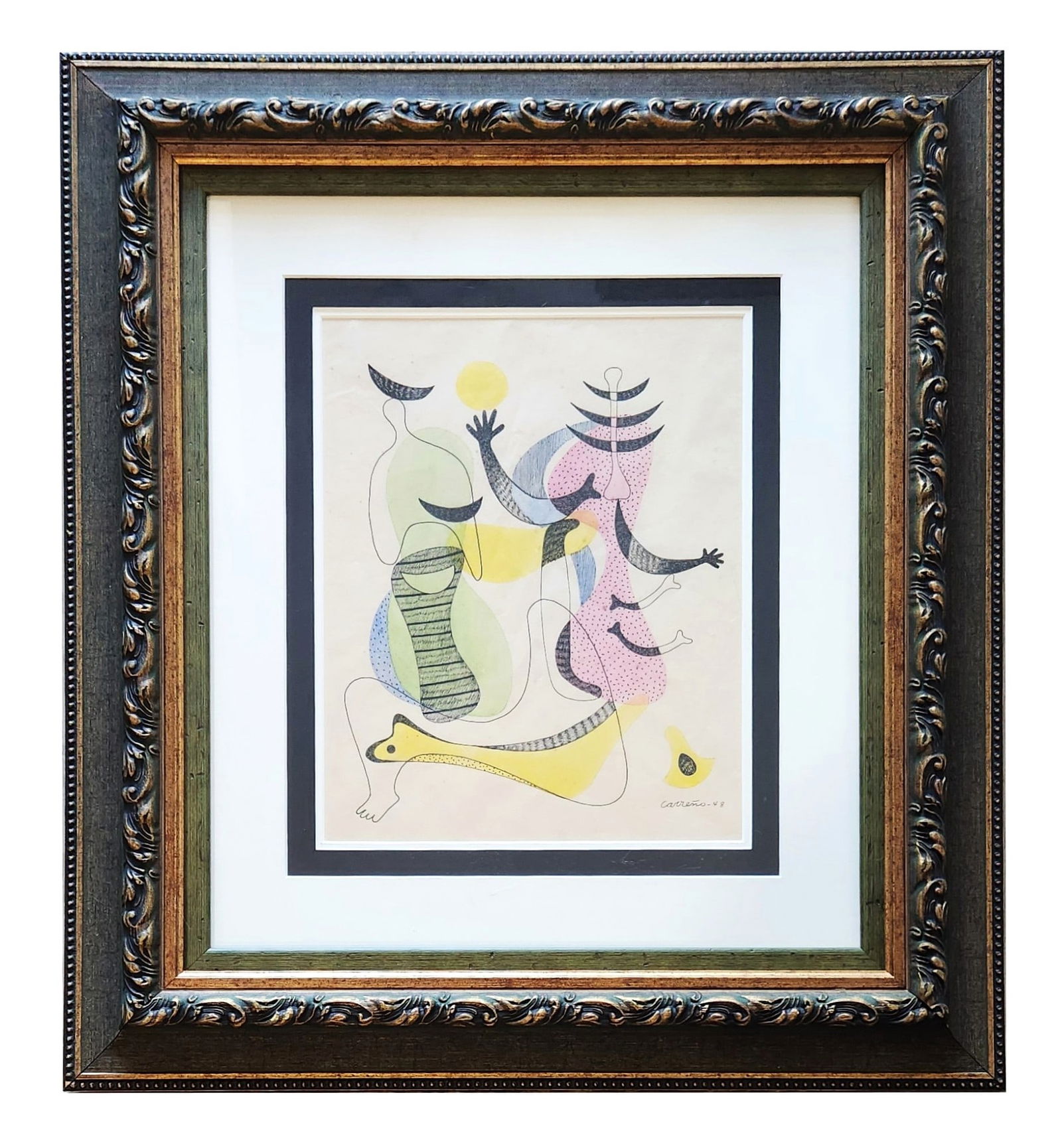 Certified Mario Carreno (1913 - 1999) Cuba: Certified Mario Carreno (1913 - 1999) Cuba Colored Pencil on Paper Measure 14 1/2"in H x 11 1/4"in W and 28 1/2"in H x 25 1/2"in W framed Known for: Abstract, modernist figure painting, illustration,