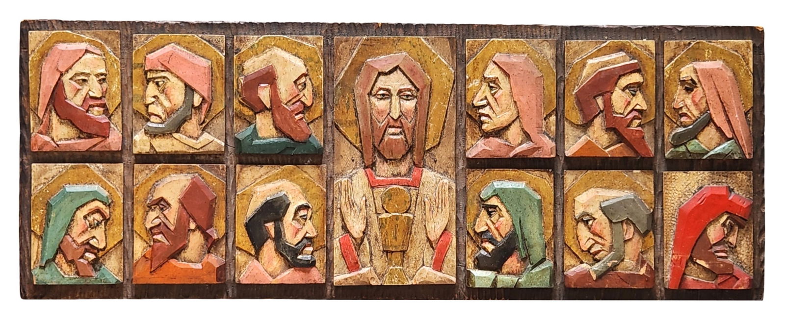 Carved and Polychrome Wood Religious Panel Depicting Christ and Apostles (1 of 5)