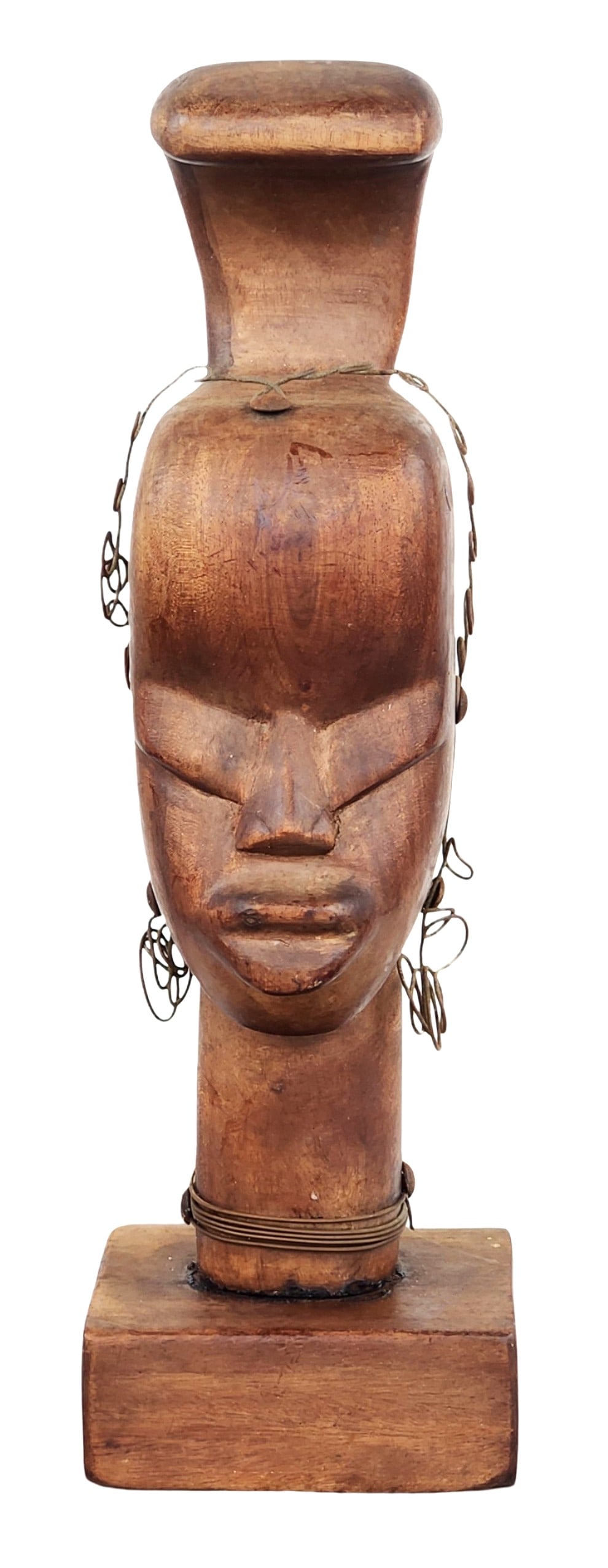African Carved Wood Head Sculpture with Wire Adornment (1 of 5)