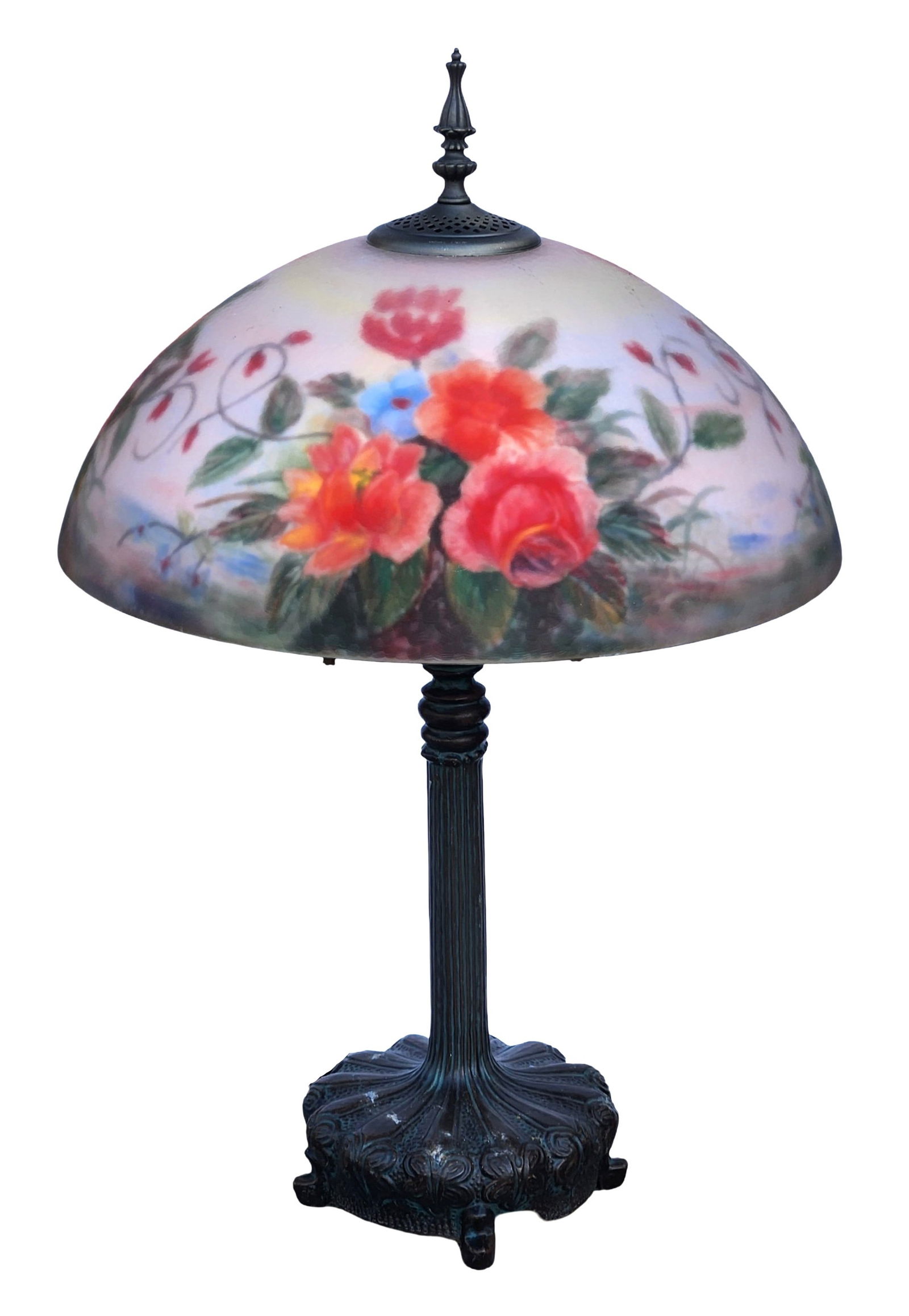 Hand-Painted Floral Glass Table Lamp with Cast Metal Base (1 of 4)