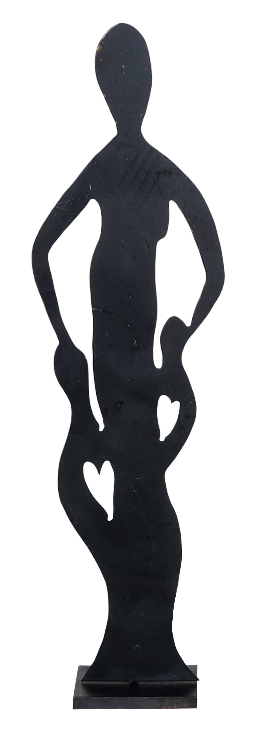 Claudine Buell Abstract Figural Metal Sculpture, Signed: Abstract figural sculpture by Claudine Buell, executed in black-finished metal. The work features a tall, elongated stylized human form with flowing negative space and a minimalist silhouette, mounted