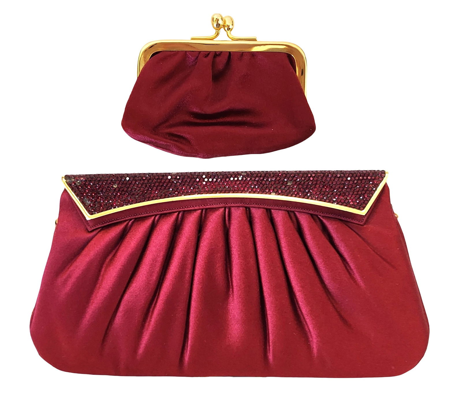 Two Judith Leiber New York Burgundy Satin Evening Bags with Rhinestone Accents (1 of 12)