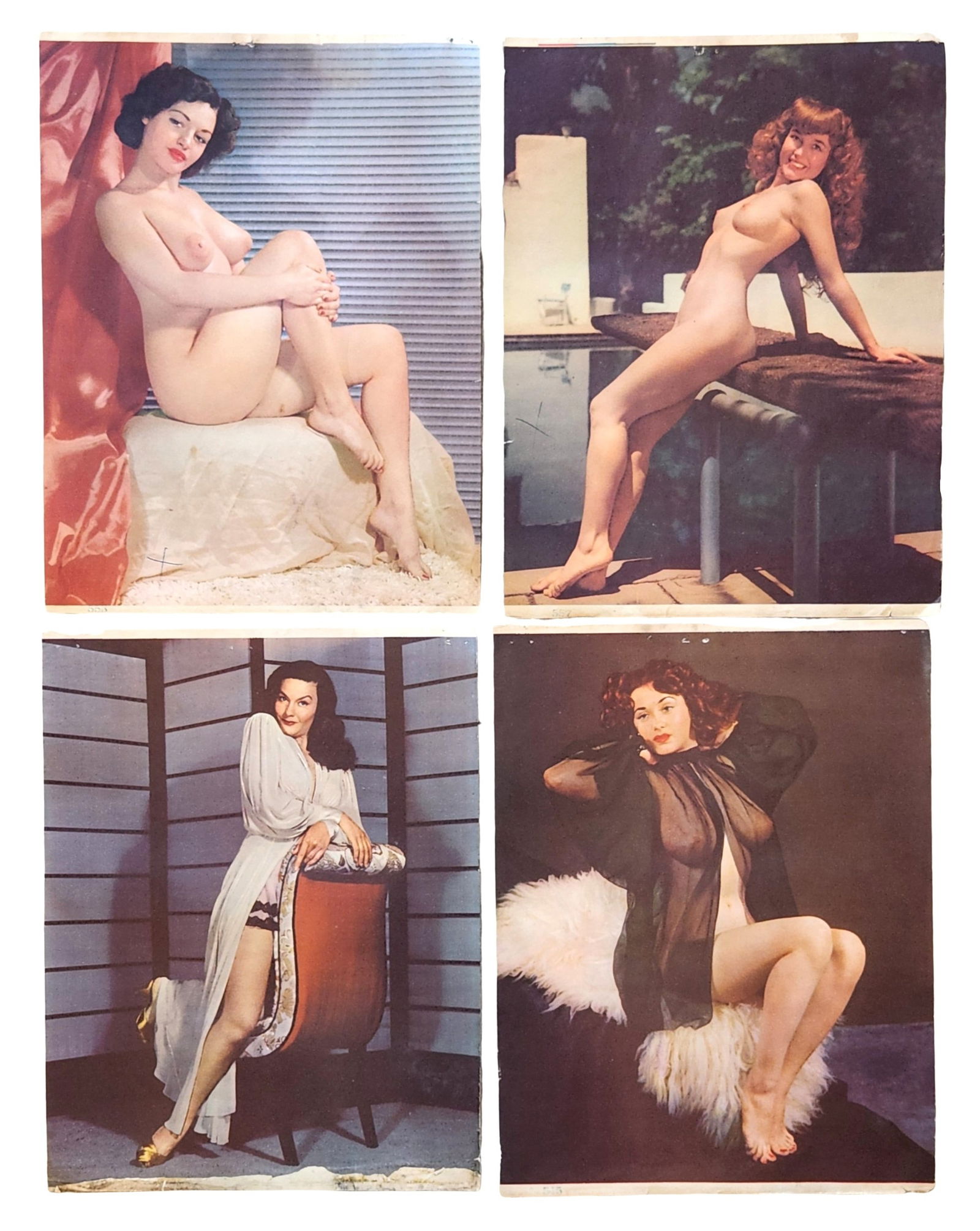 Group of Vintage Color Pin-Up Nude Photography Prints, Mid-20th Century: Group of vintage color pin-up photography prints depicting posed female nude figures in studio and outdoor settings. The images reflect classic mid-20th-century glamour photography, with composed pose