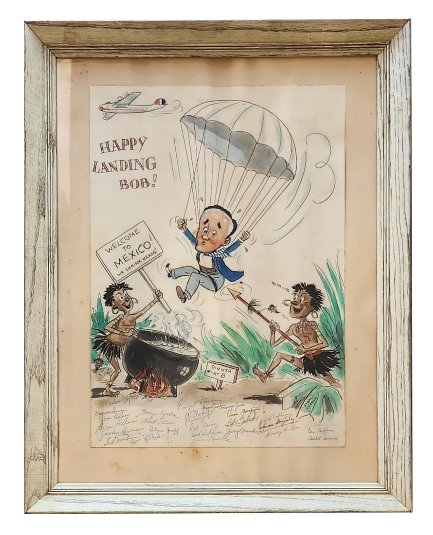 Arthur Crouch (Born 1898) American: Arthur Crouch (Born 1898) American Titled Happy Landing Bob The work includes handwritten inscriptions and numerous signatures along the lower margin, suggesting a presentation or commemorative piece,