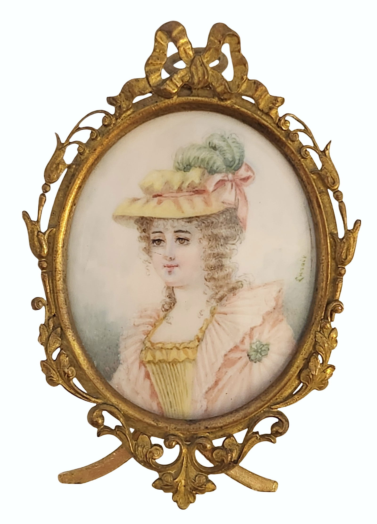 Antique French Hand-Painted Portrait Miniature of a Lady in Gilt Bronze Frame, Late 18th / Early (1 of 4)