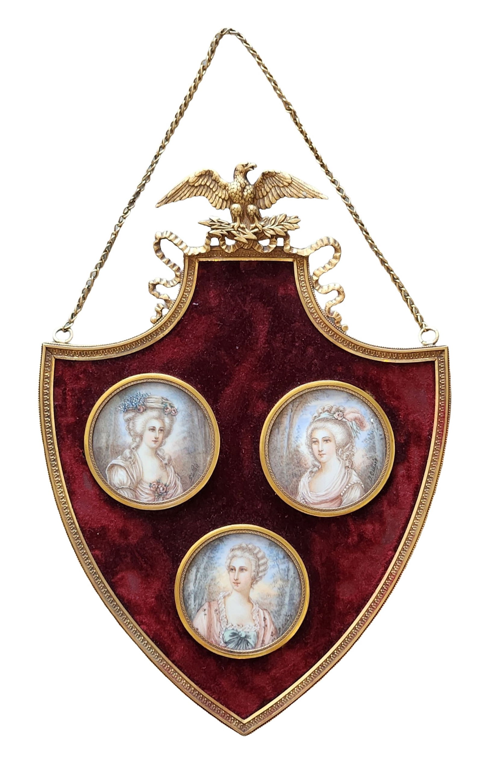 Antique Gilt Metal and Velvet Wall Plaque with Three Hand-Painted Portrait Miniatures, 19th Century: Antique decorative wall plaque featuring three hand-painted portrait miniatures of women in 18th-century–style attire, mounted within circular gilt metal frames. The portraits are finely rendered wi