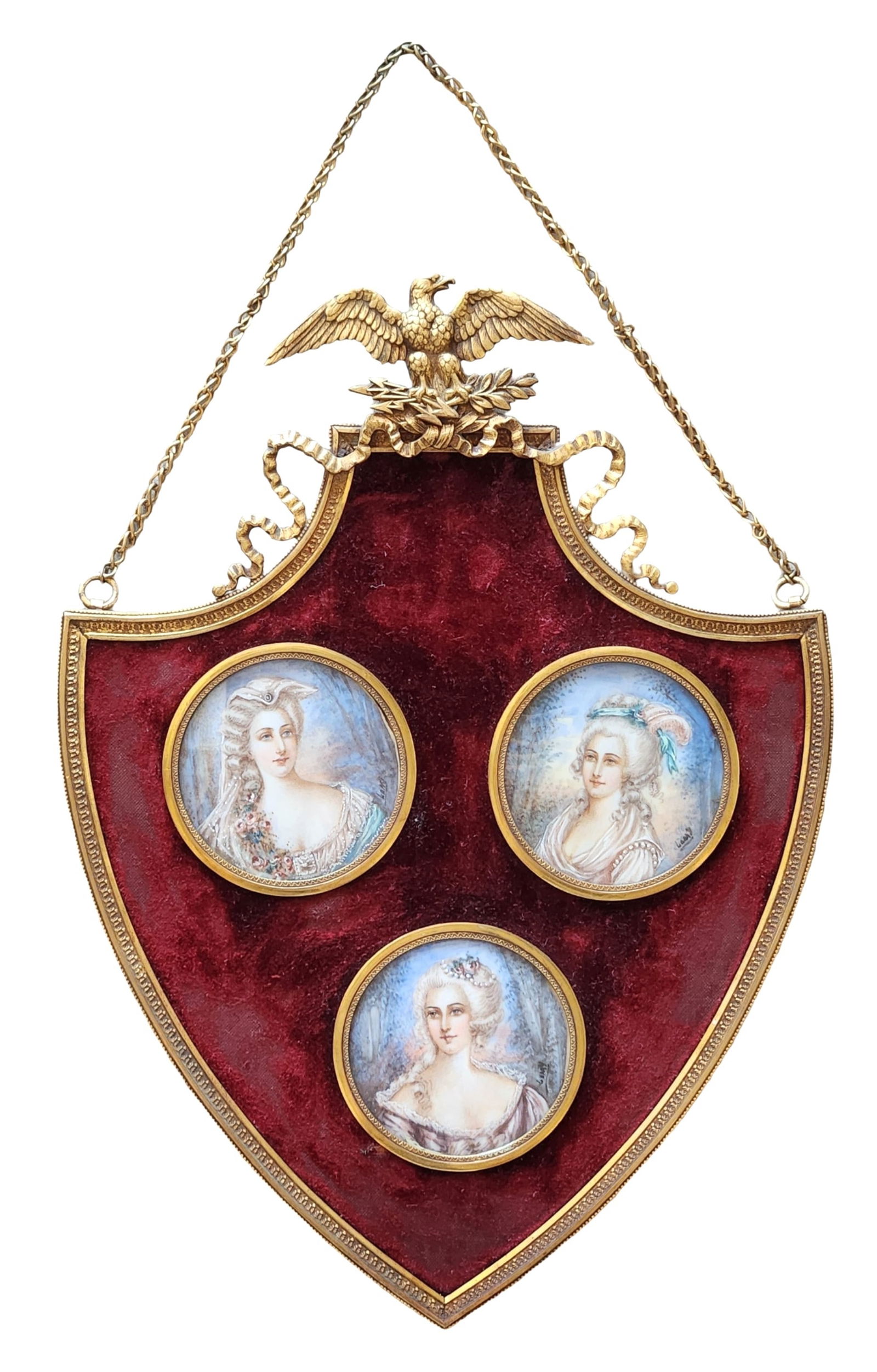 Antique Gilt Metal and Velvet Wall Plaque with Three Hand-Painted Portrait Miniatures, 19th Century (1 of 5)