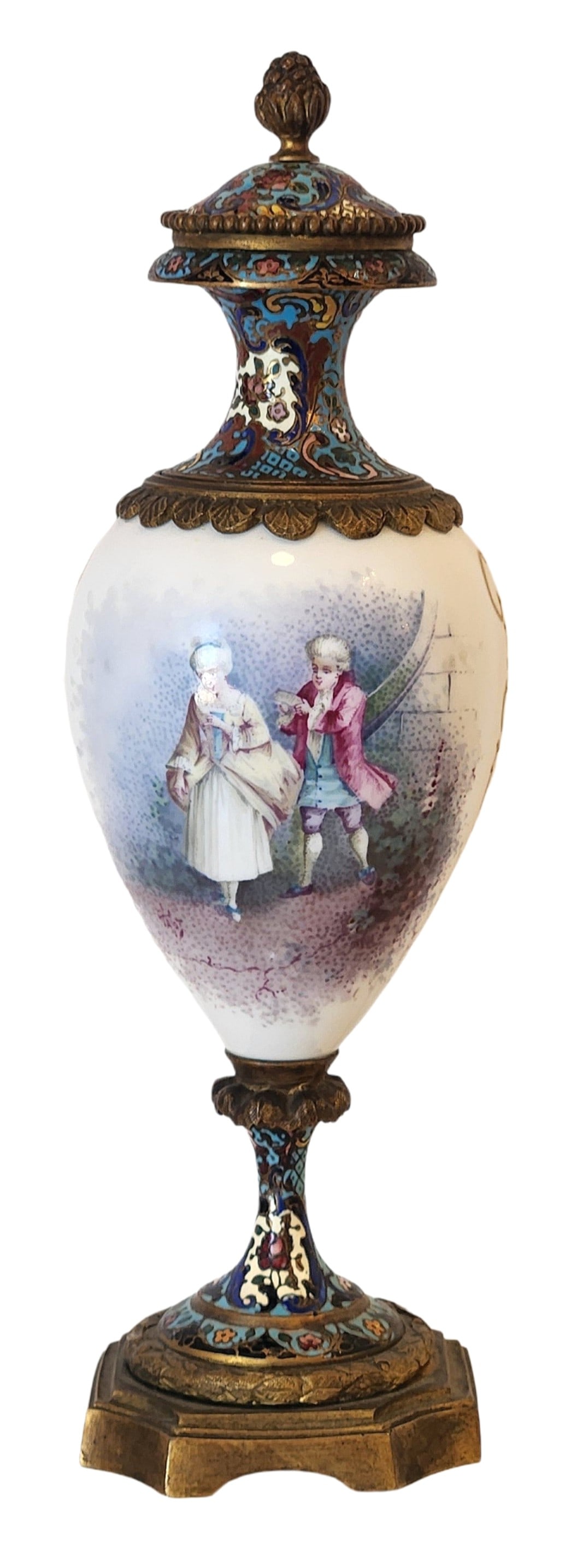French Sevres Porcelain and Champlevé Enamel Mounted Covered Urn, 19th Century: French decorative covered urn featuring a Sevres porcelain body finely painted with a romantic figural scene of a courting couple in 18th-century dress. The porcelain body is mounted with richly decor
