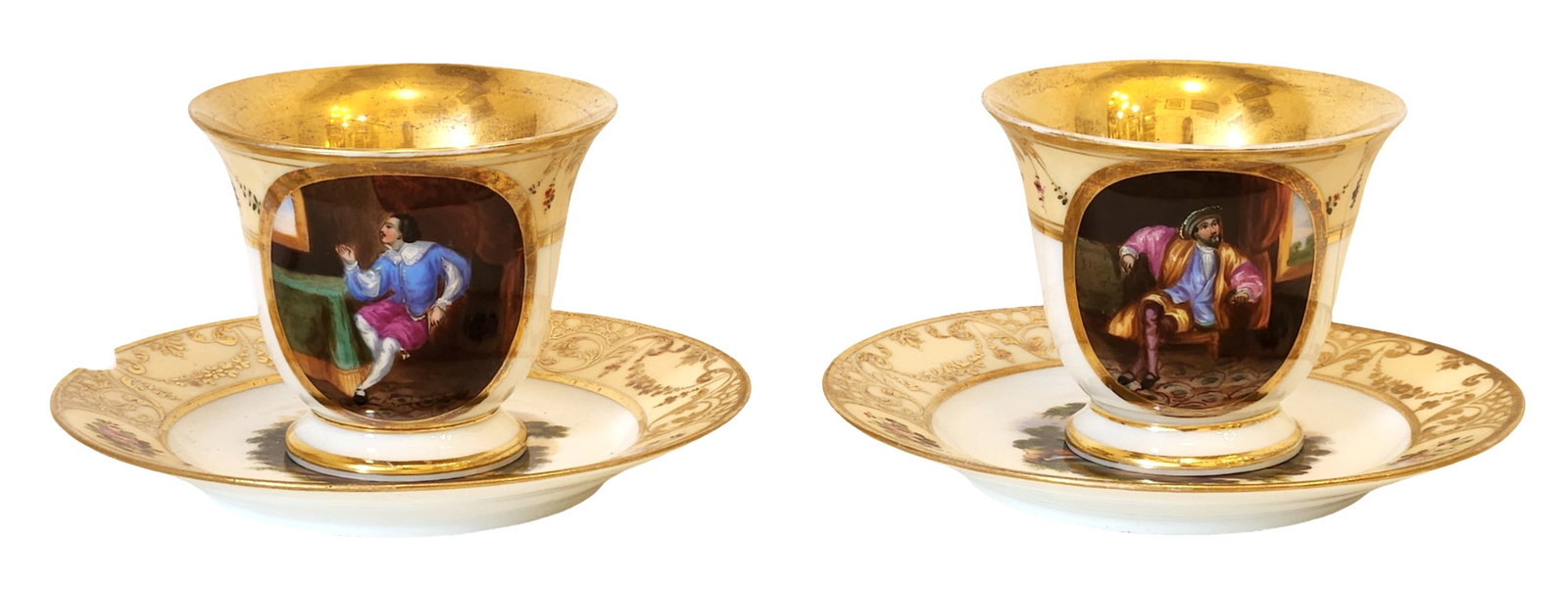 Antique Gilt Porcelain Cup and Saucer with Figural Reserves, 19th Century (1 of 4)