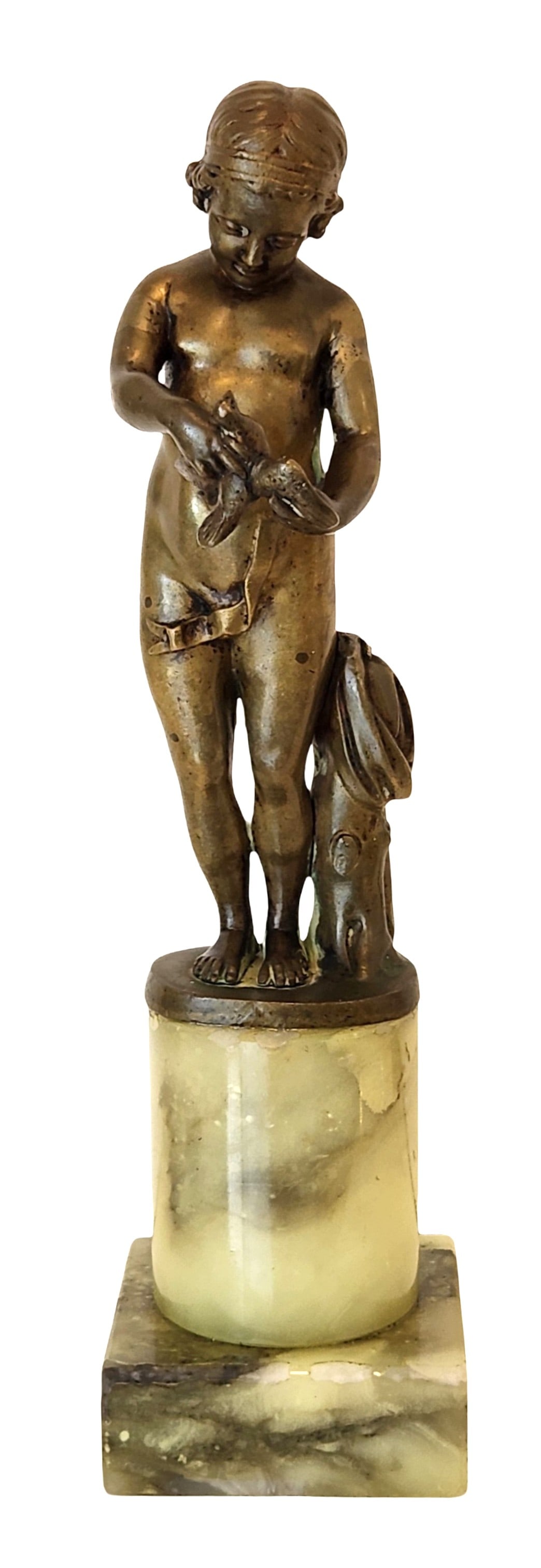 Continental Bronze Figure of a Child Holding a Bird on Marble Base (1 of 6)