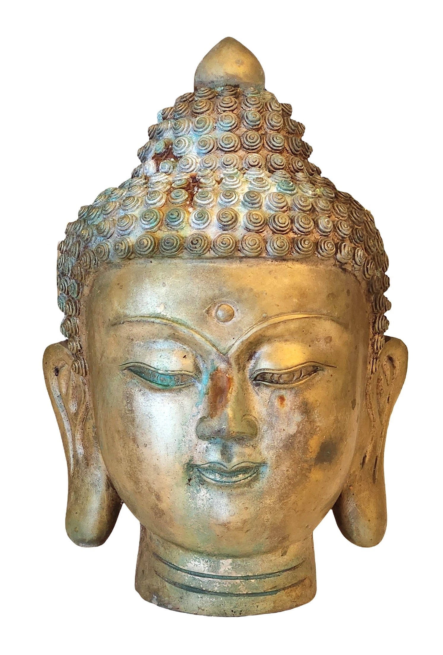 Gilt Bronze–Tone Buddha Head Sculpture with Verdigris Patina (1 of 4)