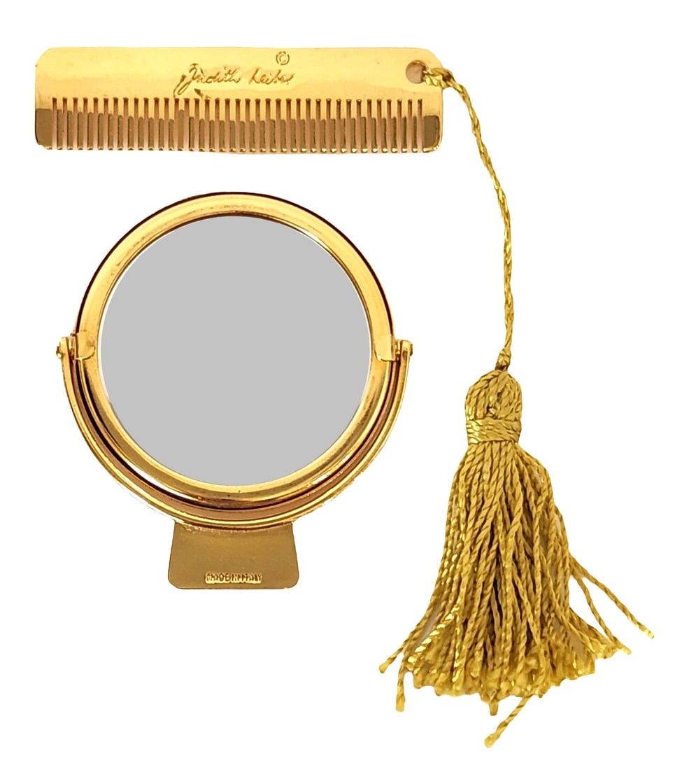 Judith Leiber Gold Tone Vanity Mirror and Comb Set, Made in Italy (1 of 6)