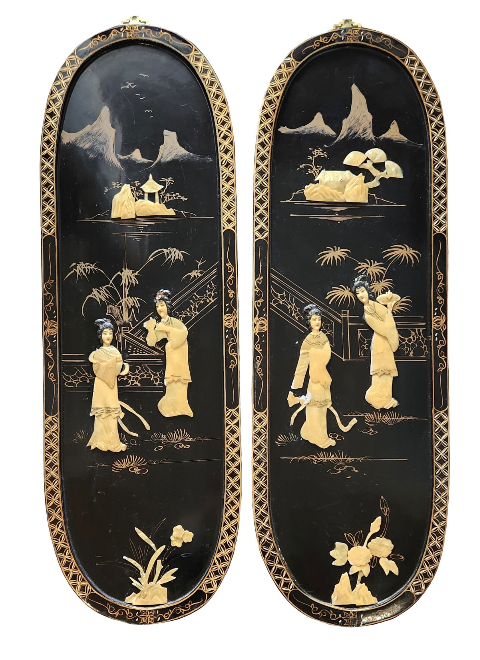 Pair of Antique Asian Lacquer Panels with Mother-of-Pearl Inlay – Figural Landscape Scene (1 of 6)