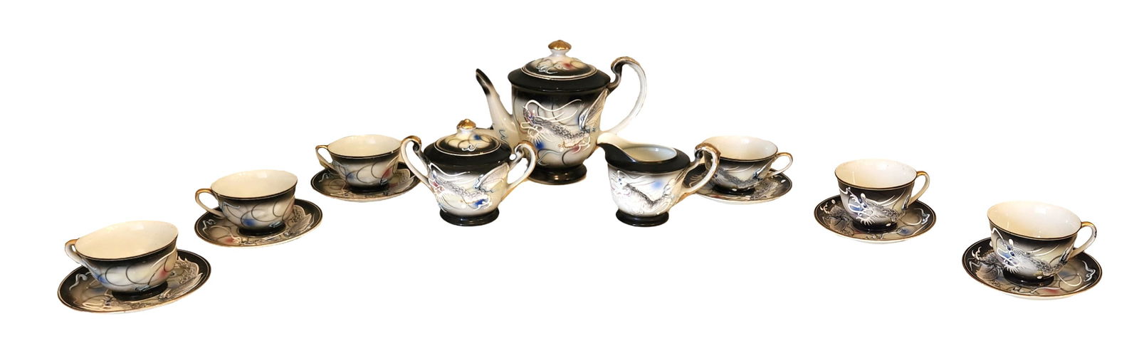 Vintage Japanese “Lucky?? Dragonware Tea Set with Hidden Geisha – Teapot, Cups, Saucers, (1 of 6)