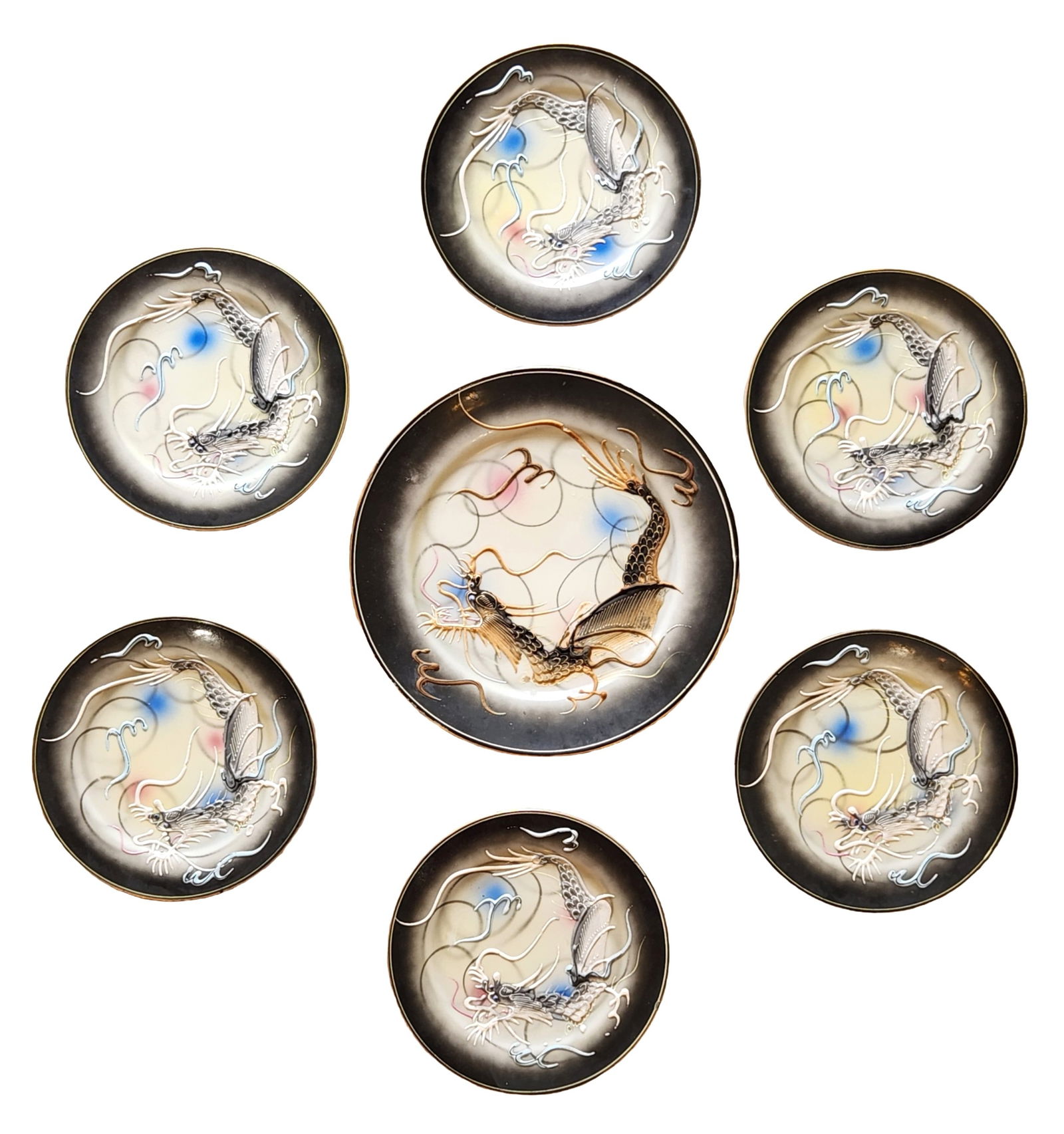 Vintage Japanese “Lucky?? Dragonware Plates – Raised Dragon Design, Set of 7 (1 of 2)