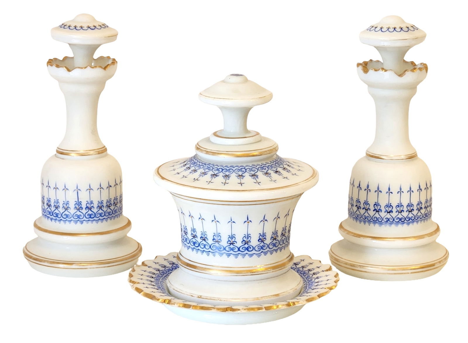 Antique Blue & White Opaline Glass Dresser Set with Gilt Decoration – Candlesticks & Covered Jar (1 of 4)