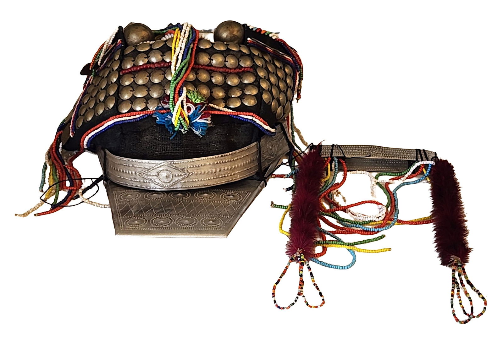 Central Asian Silver, Bead, and Leather Tribal Headdress with Metal Pendants (1 of 3)