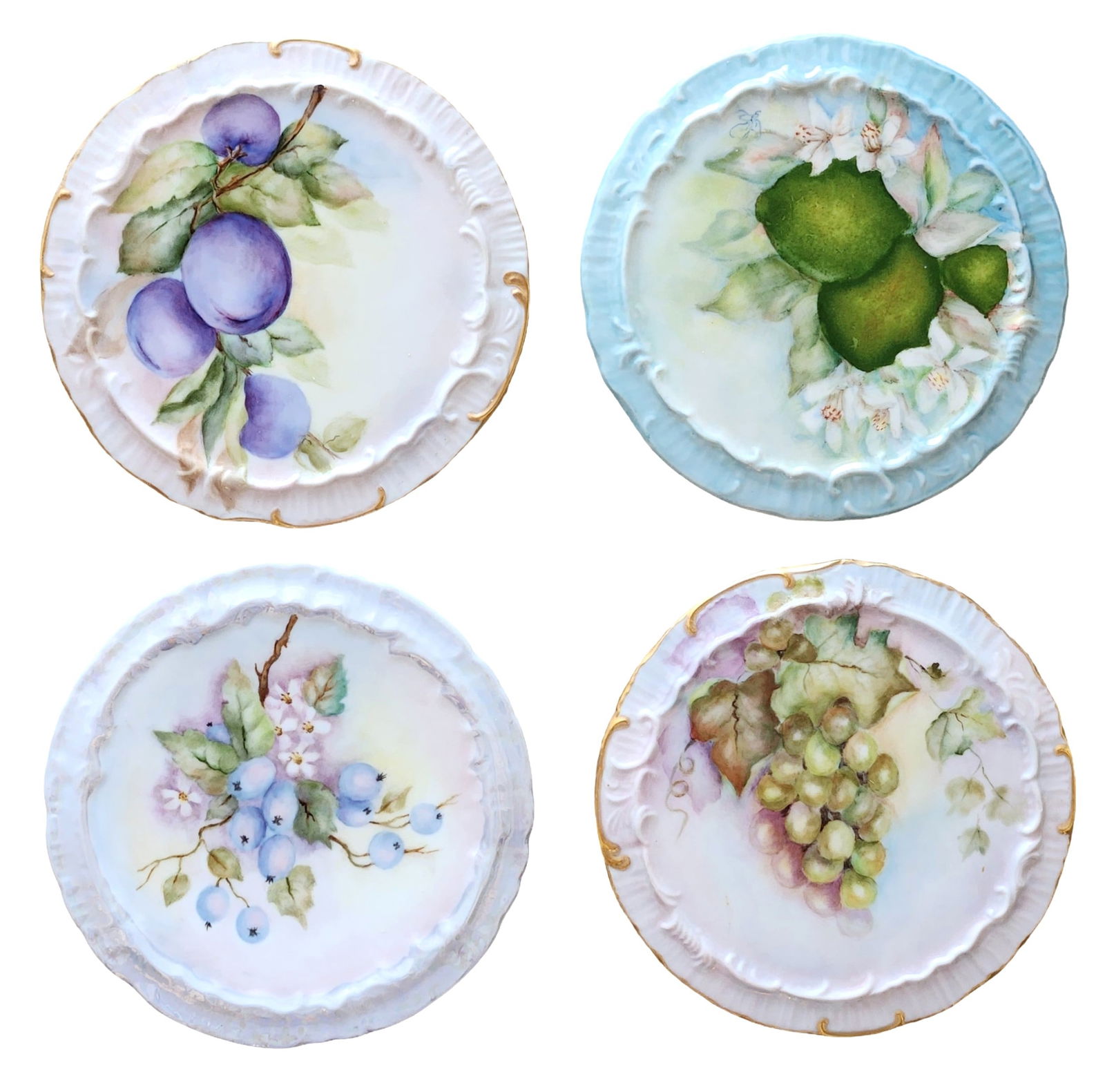 Set of Four Hand-Painted Porcelain Fruit Plates, Signed “S. Silva (1 of 3)