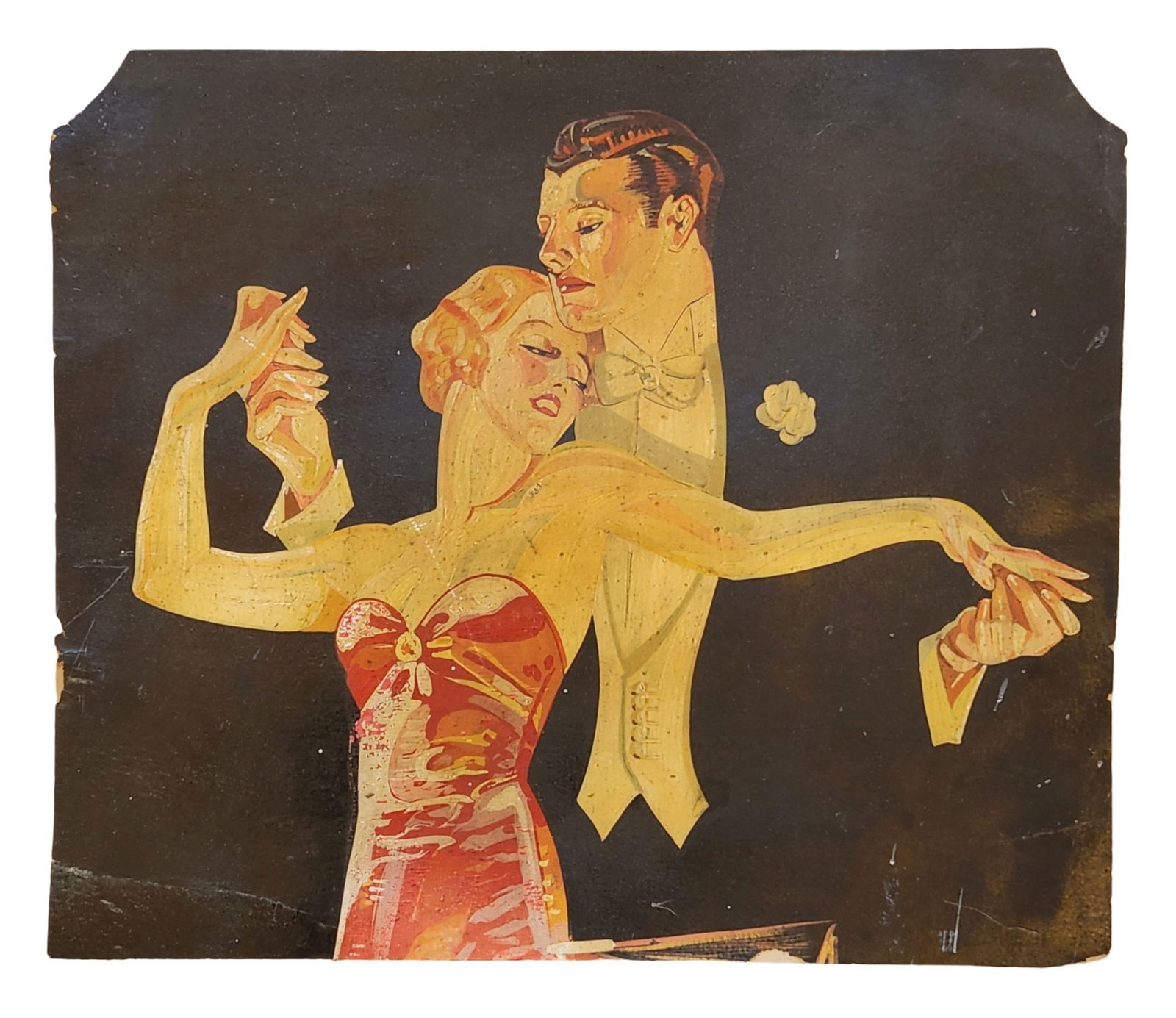 Art Deco–Style Painted Panel Depicting Elegant Dancing Couple: Striking painted panel featuring a stylized dancing couple rendered in a classic Art Deco aesthetic. The figures are shown in an elegant ballroom pose, with elongated arms and graceful gestures charac