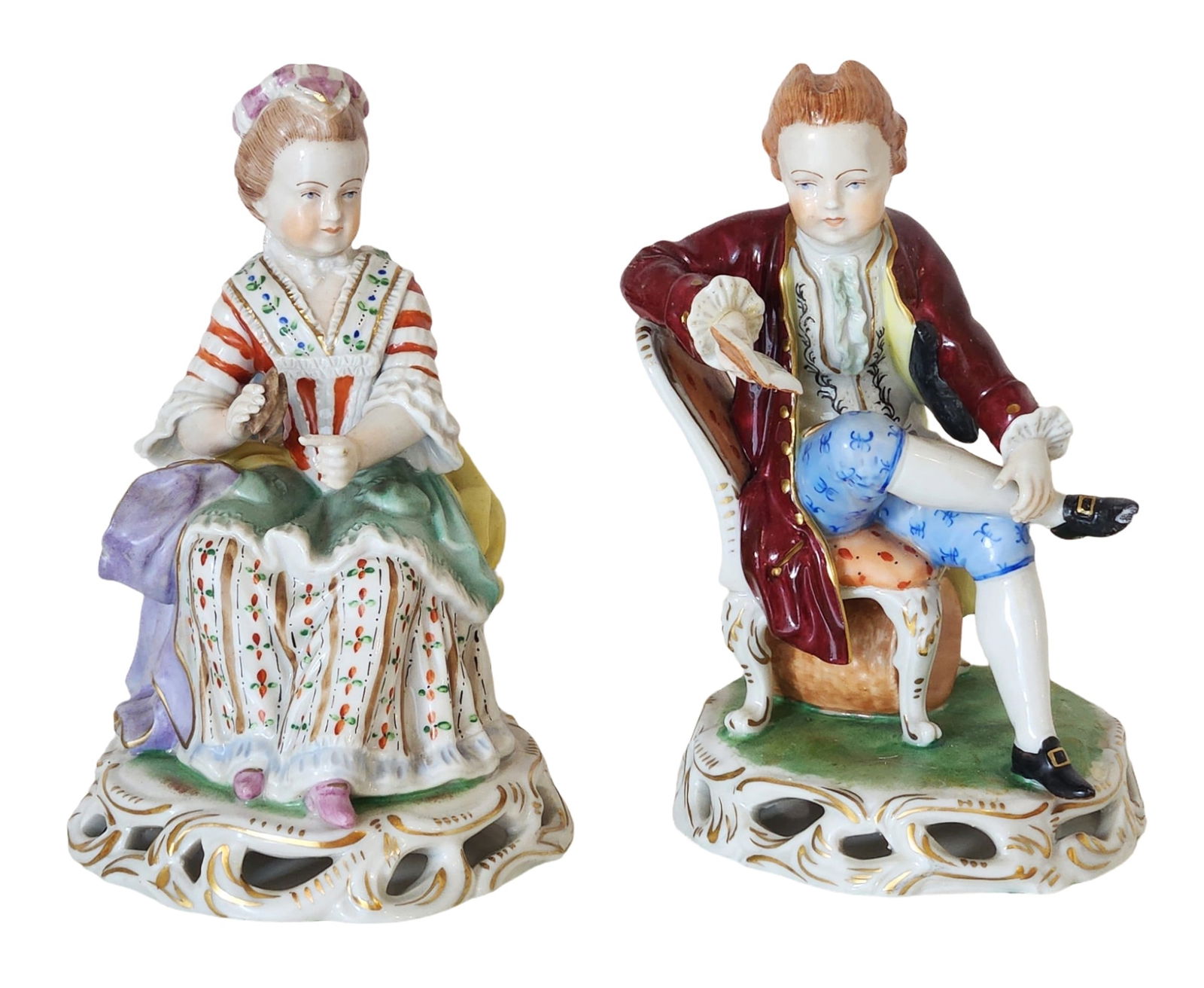 Pair of German Dresden Porcelain Seated Gentleman and Lady in 18th-Century Dress (1 of 8)
