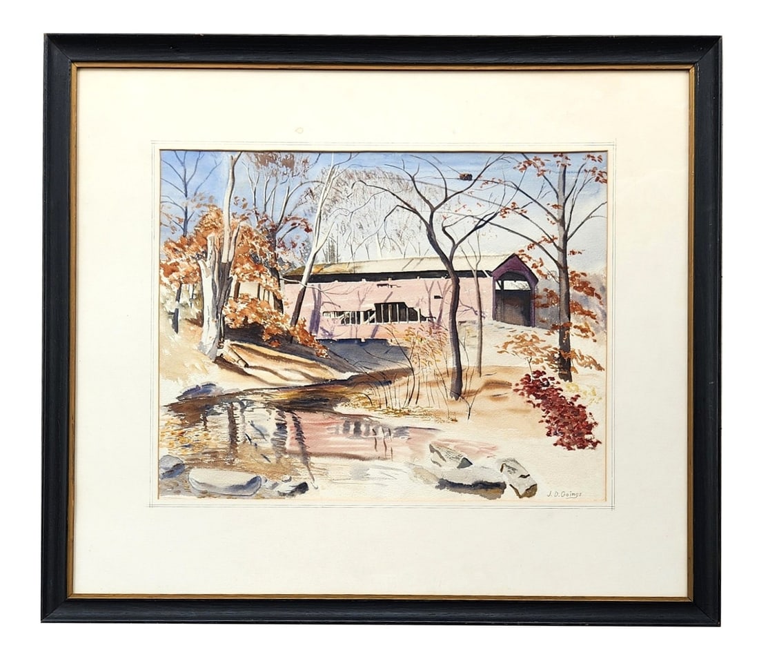 J.D. Goings Signed Watercolor Landscape with Barn and Winter Stream: Original watercolor landscape by J.D. Goings, depicting a rural barn set beside a winter stream with leafless trees and soft reflections in the water. Executed in muted earth tones, the scene conveys