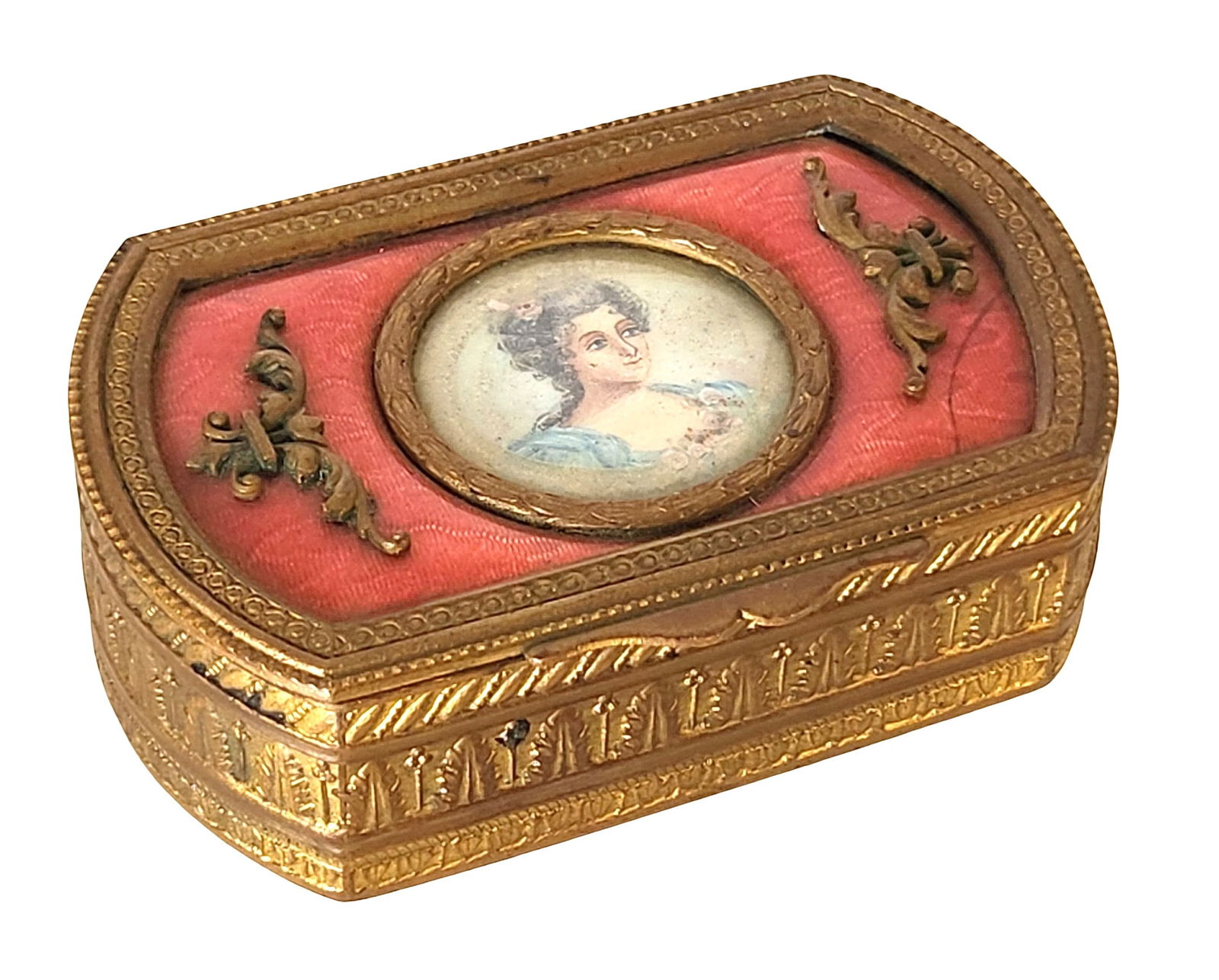 Antique French Gilt Brass and Enamel Jewelry or Snuff Box with Portrait Miniature and Silk Lining (1 of 6)