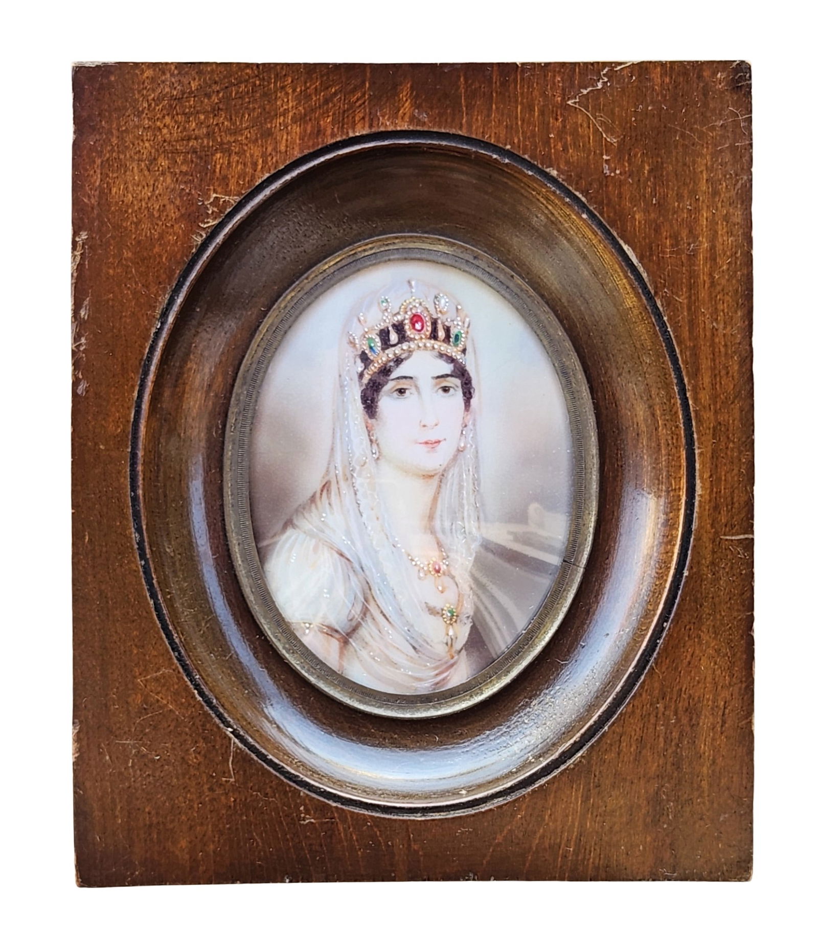 19th-Century Portrait Miniature of Helene Sedlmayr, Wearing Jeweled Crown and Veil, in Wooden Frame (1 of 4)
