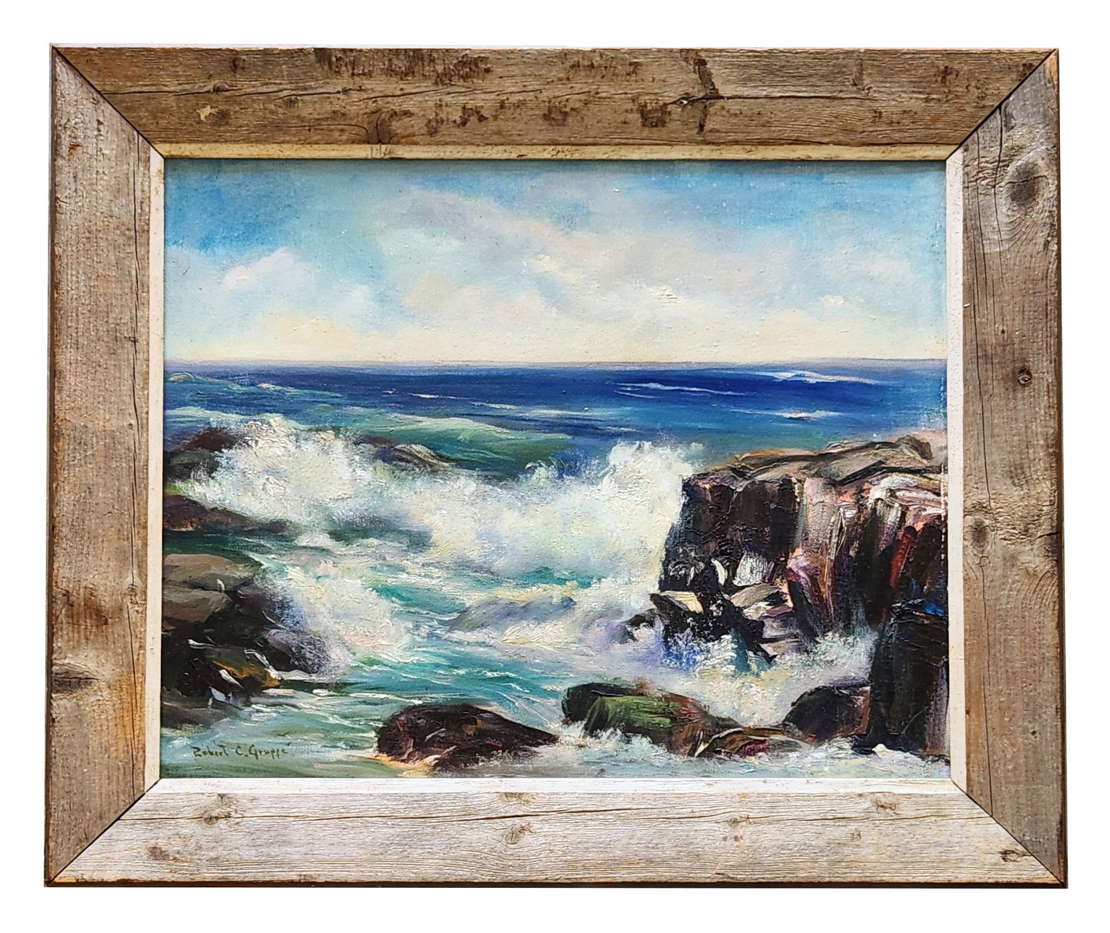 Robert Charles Gruppe (Born 1944) American: Robert Charles Gruppe (Born 1944) American Oil on Canvas Measure 15 1/2"in H x 19 1/2"in W and 20 1/2"in H x 24 1/2"in W framed Known for: Marine-harbor view, landscape and seascape painting Biography