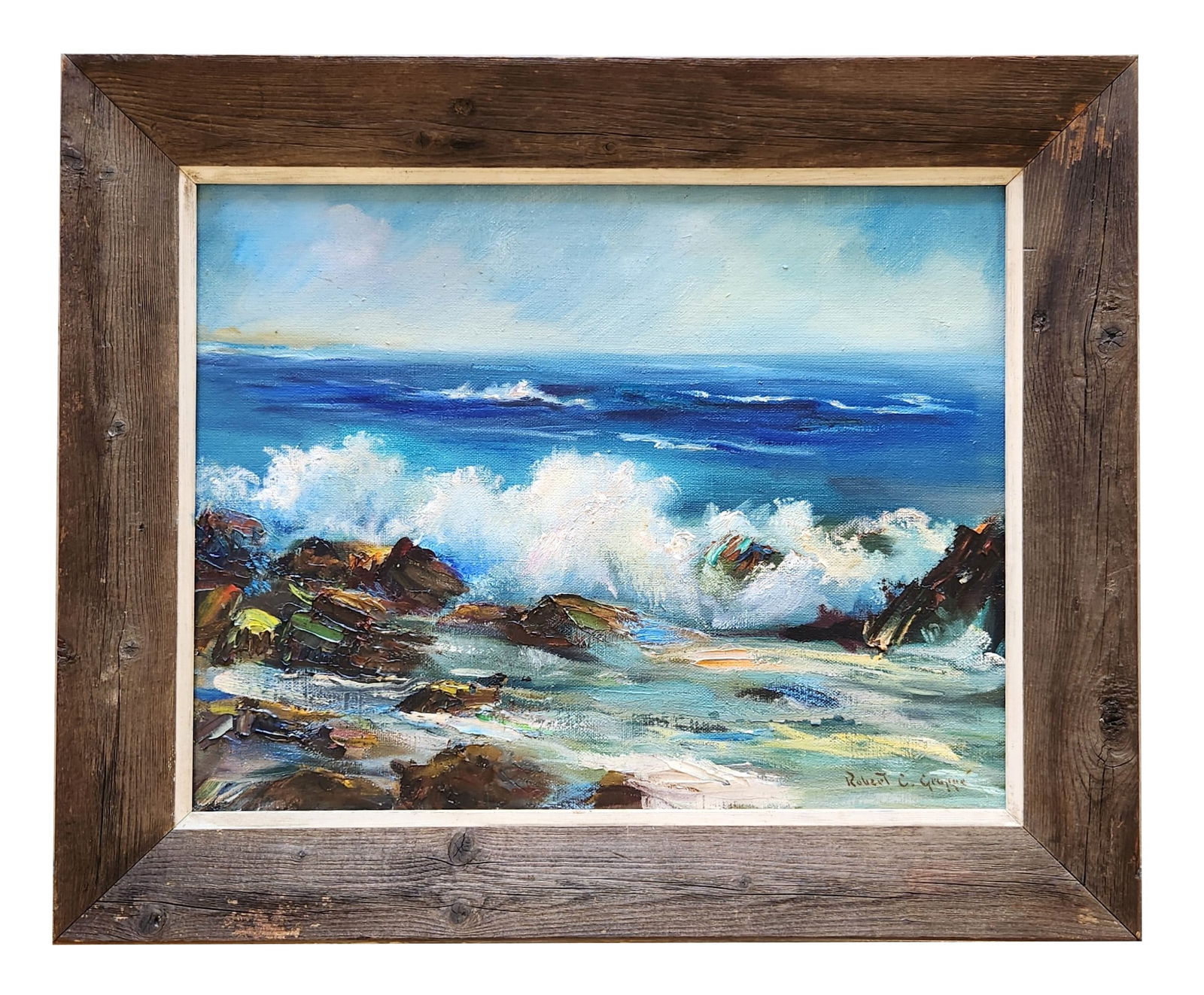 Robert Charles Gruppe (Born 1944) American: Robert Charles Gruppe (Born 1944) American Oil on Canvas Measure 13 1/2"in H x 17 1/2"in W and 18 1/2"in H x 22 1/2"in W framed Known for: Marine-harbor view, landscape and seascape painting Biography