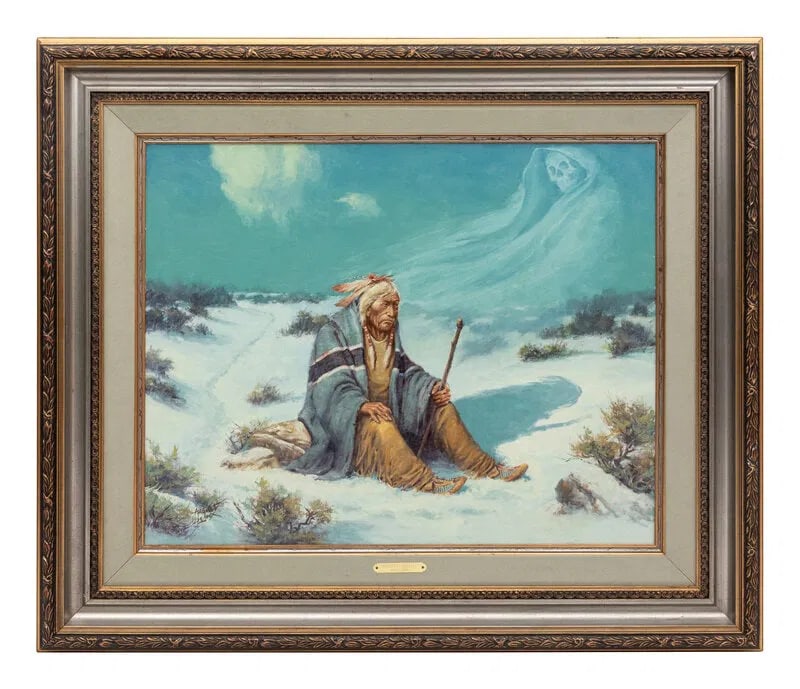 August (Curley) Lenox (1908 - 1986) American: August (Curley) Lenox (1908 - 1986) American Title: Manifest Destiny Oil on Canvas Measure 27"in H x 34"in W and 40 1/2"in H x 47"in W framed Known for: Western scene, Indian figure and genre