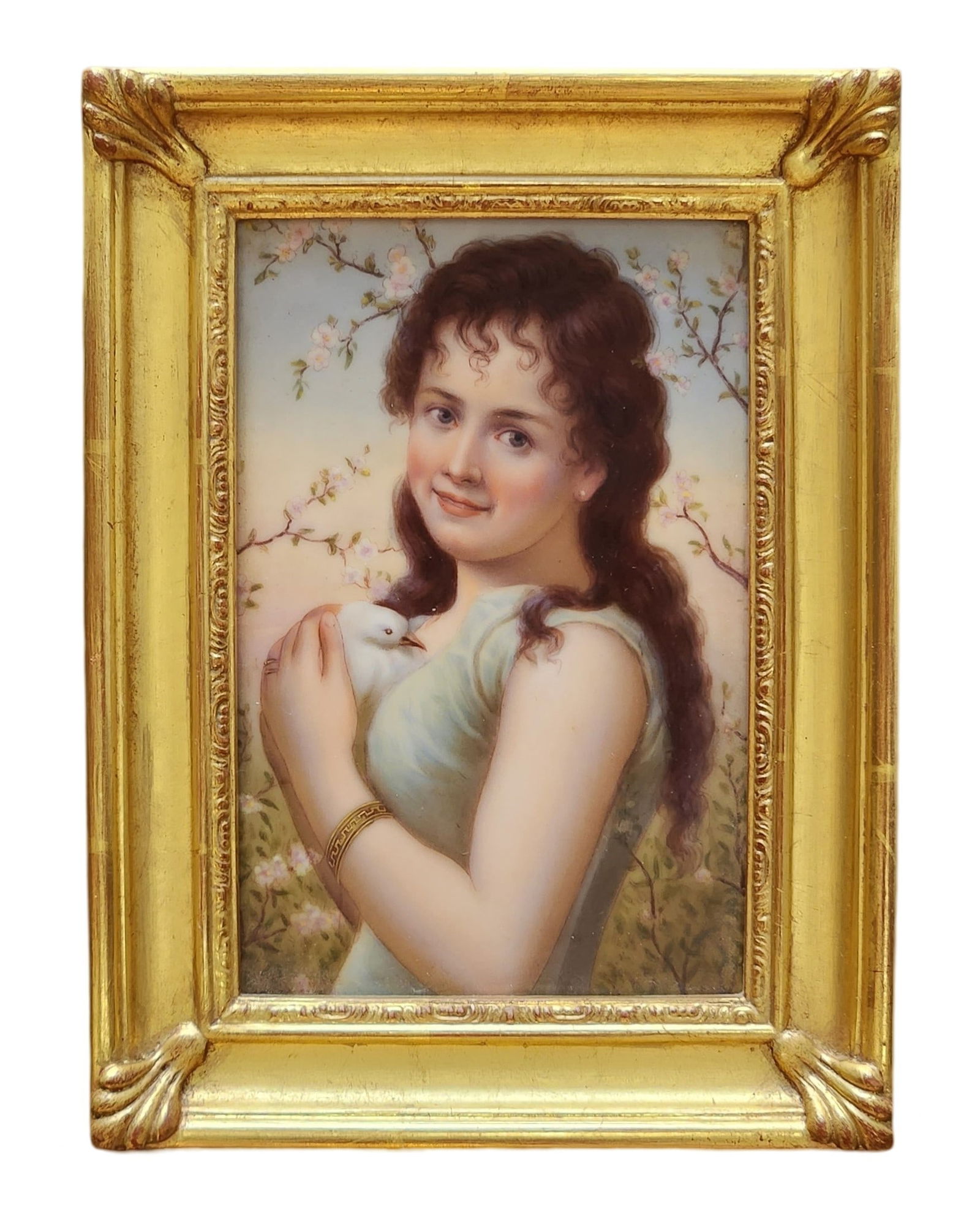 Early 1900s Porcelain Portrait of Young Woman: Early 1900s Porcelain Portrait of Young Woman. She is holding a small white bird potentially a dove or baby. She is in a jolly positive demeanor dressed up in her summer dress in a nature setting Porc