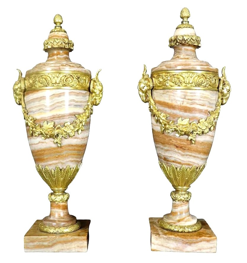 Pair of Grand Neoclassical Style Marble and Gilt Bronze Urns (1 of 6)